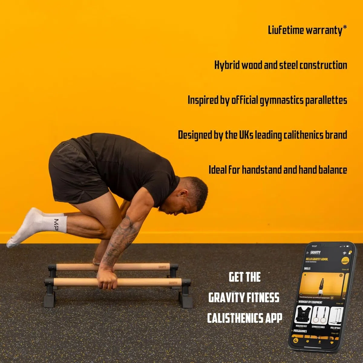 Gravity Fitness Paralleti, Legno Ibrido e Acciaio Ginnastica Ispirare p Bar per Calisthenics, bilanciamento Manuale, qualità Commerciale ma Adatto a casa Noi