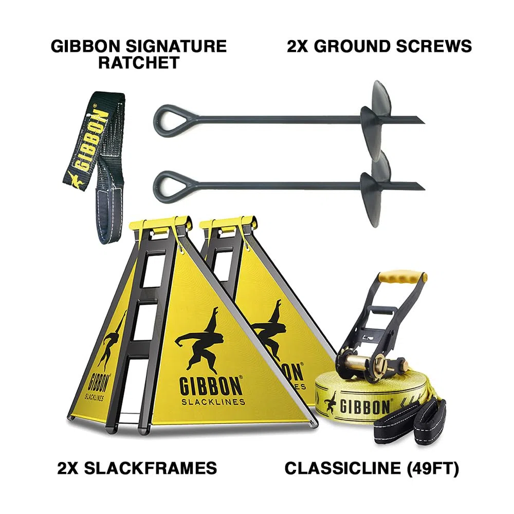 Gibbon Slacklines, Independence Kit Classic, con 2 Slackframes, 2 picchetti a Vite di Ancoraggio a Terra da 70 cm e la celebre Classic Line da 15 m