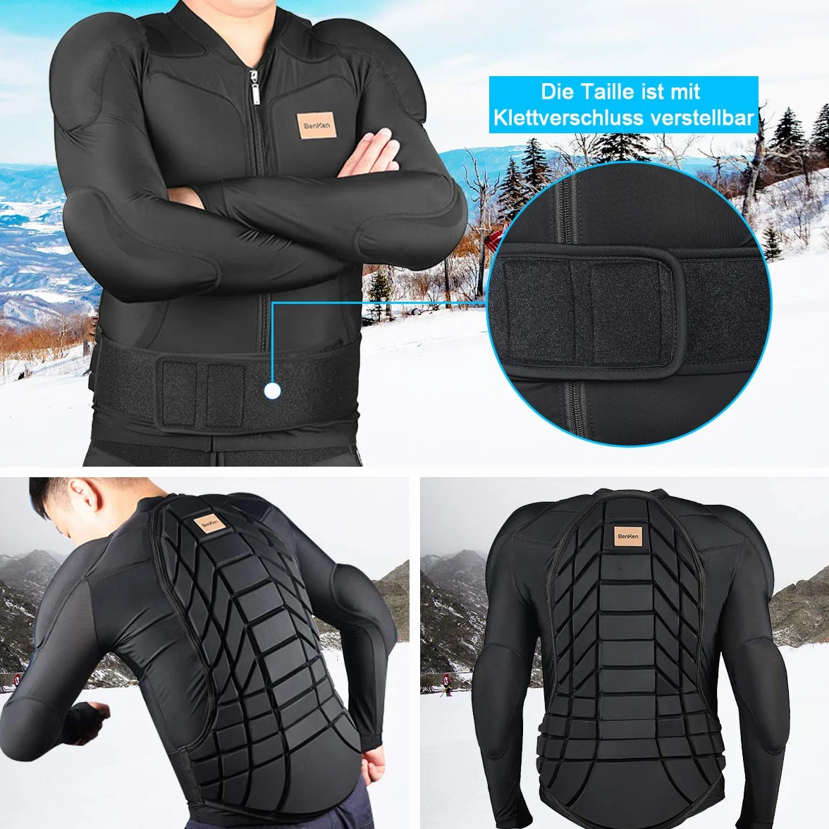 Benken - Sotto giacca regolabile da sci a maniche lunghe Protector Guard Gear Pad con fodera protettiva per schiena e spalle, regolabile per donna e uomo Top Upper Padded Armor