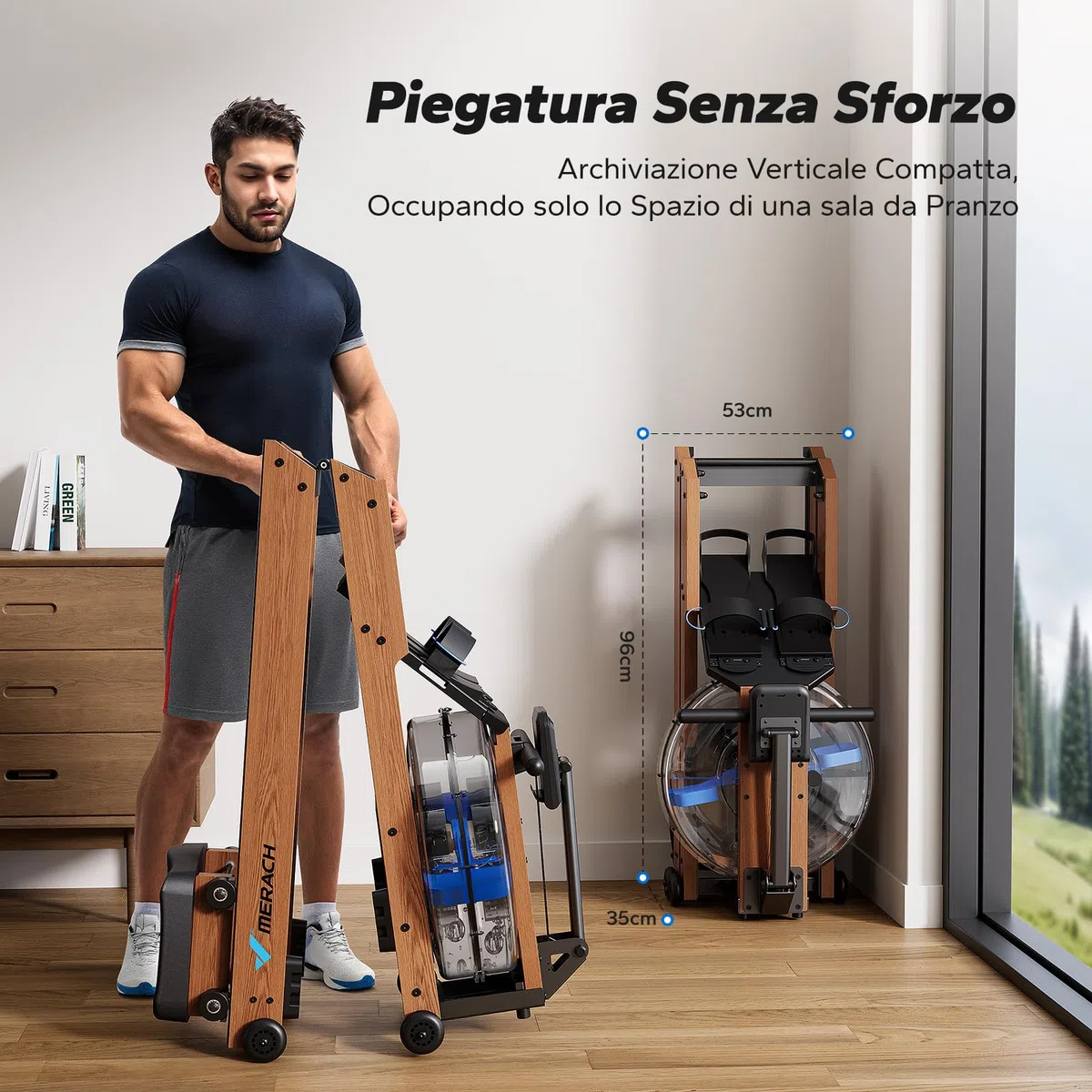 MERACH Vogatore Pieghevole ad Acqua, in legno di gomma e sedile Confortevole, dotato di mappa interattiva esclusiva e gioco APP, esperienza di canottaggio immersiva