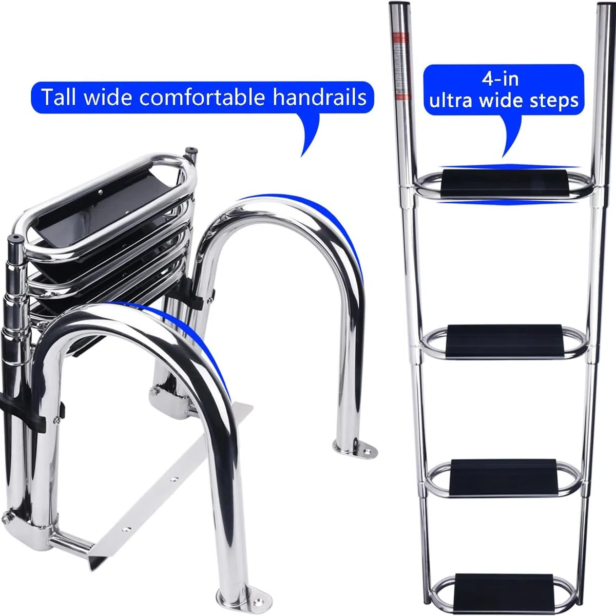 Scaletta per Barche 4 Gradini - Pontoon Pieghevole Piscina in Acciaio Inox Scala Telescopica Ingresso Posteriore Marino Ampia Galleggiante Corrimano Pedale capacità Carico 300Kg