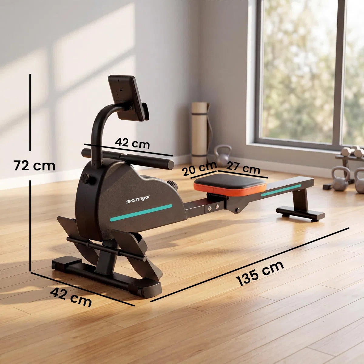 SPORTNOW Vogatore per Casa, Vogatore Magnetico Silenzioso, 16 Livelli Resistenza, APP Bluetooth, Display LCD, Portatelefono, Ruote, Stoccaggio Verticale Salvaspazio, Max 130kg, Fitness Casa Palestra