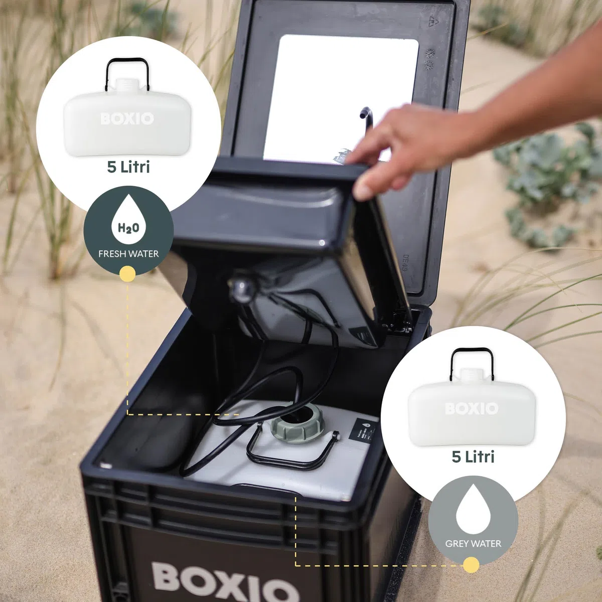BOXIO Lavandino Portatile con Pompa a Mano, Tanica Acqua con Rubinetto, Lavabo da Camper, Lavello da Campeggio con Rubinetto in Plastica Nero, Accessori ed Attrezzatura da Campeggio