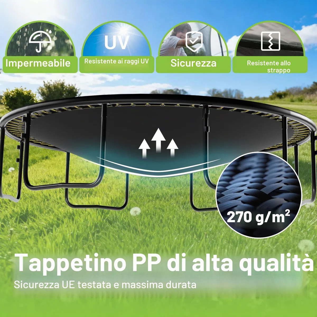 LeJump Trampolino Elastico 235/305/366 cm, Trampolino da Giardino per Bambini Con Rete di Sicurezza Alta e Scala, Trampolini Certificati GS, Capacità Massima 100/150 kg