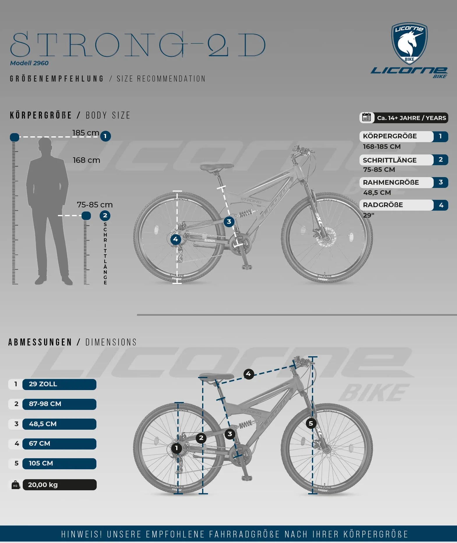 Licorne Bike - Premium Mountain Bike Strong 2D da 26, 27,5 e 29 pollici, bicicletta con freni a disco anteriori e posteriori, cambio a 21 marce, a sospensione completa