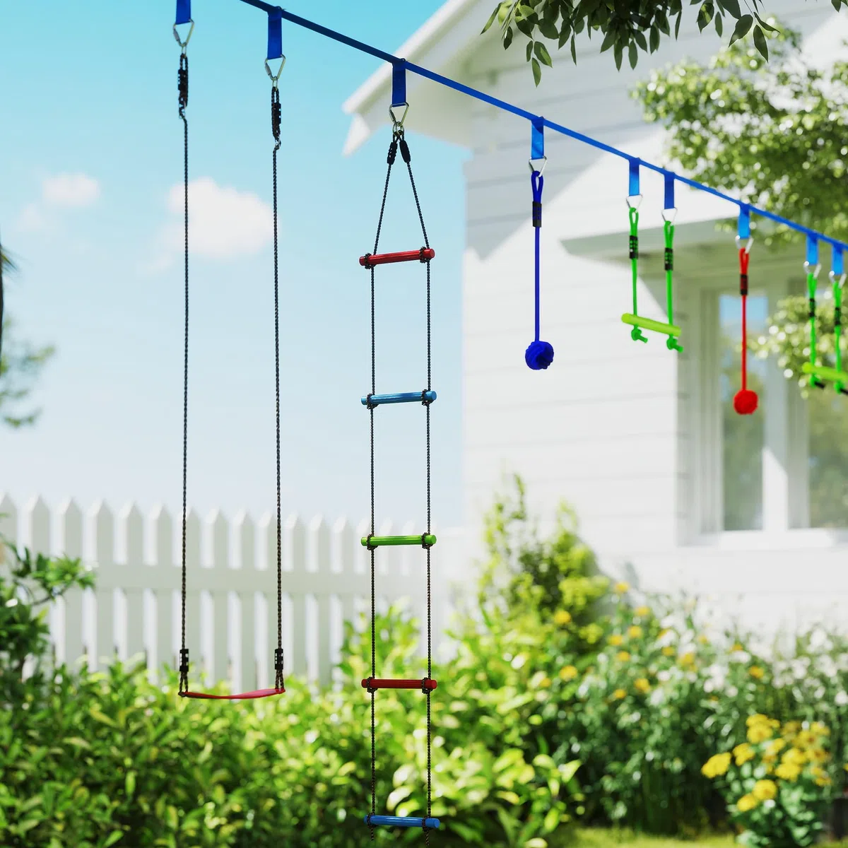 AIYAPLAY Ninja Line - Set Slackline per bambini, 10 m, con anelli da ginnastica, altalena, scaletta per arrampicate, protezione per alberi, aste da arrampicata, vassoio sospeso, set da gioco per