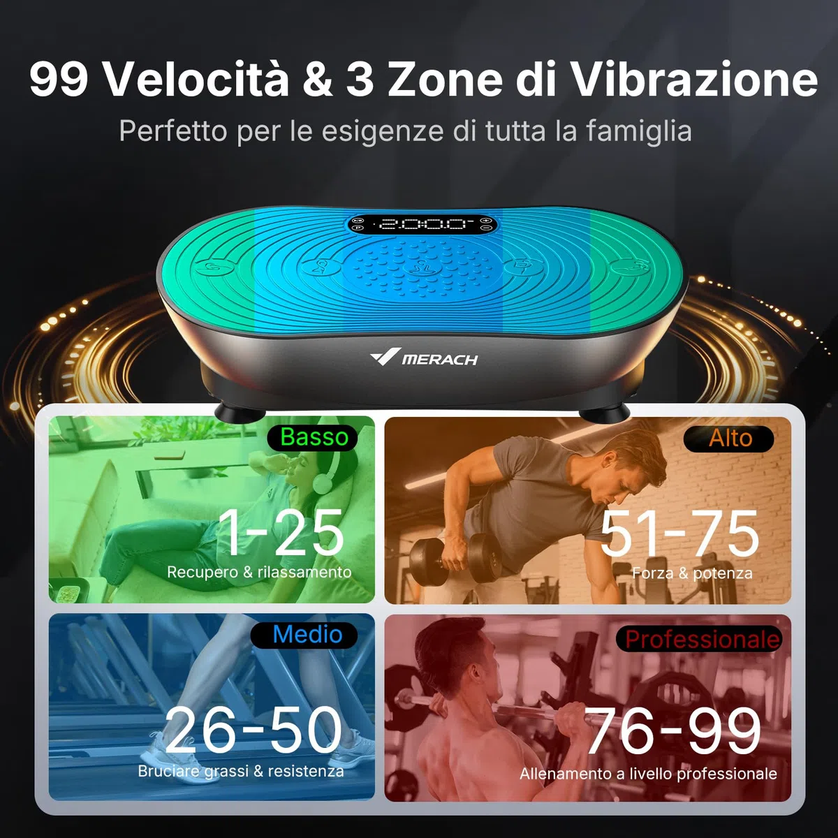 MERACH Pedana Vibrante Per Allenamento E Modellamento, Con 99 Livelli Di Velocità, Altoparlante Bluetooth Integrato, Touchscreen Led, Corde Elastiche