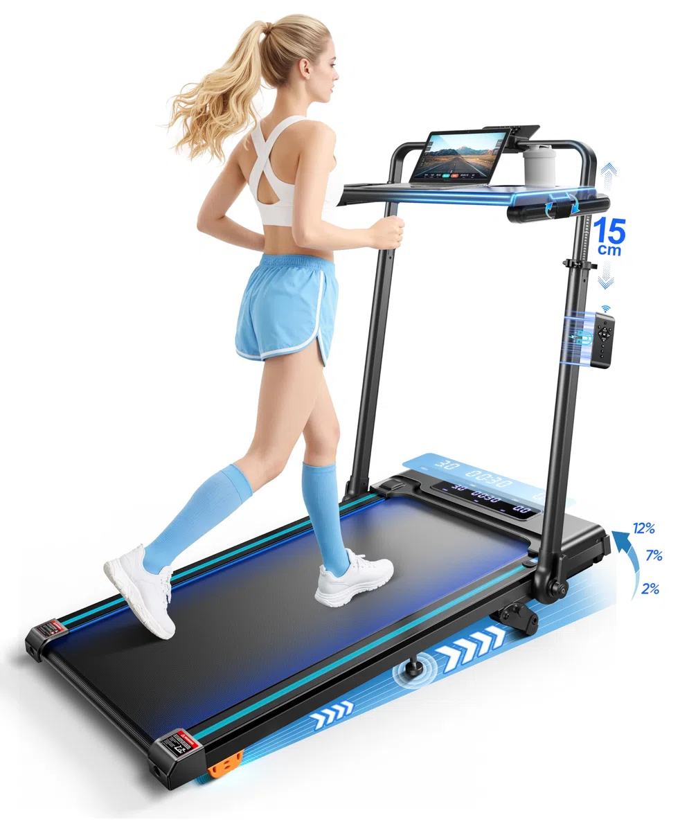 Tapis Roulant Elettrico Piehevole, 6 IN 1 Tapis Roulant Salvaspazio 1-12km/h con Inclinazione 12%, 3,0 HP, Maniglia Telescopica da 15 cm e Cintura Luminosa RGB, Carico Massimo 150 kg
