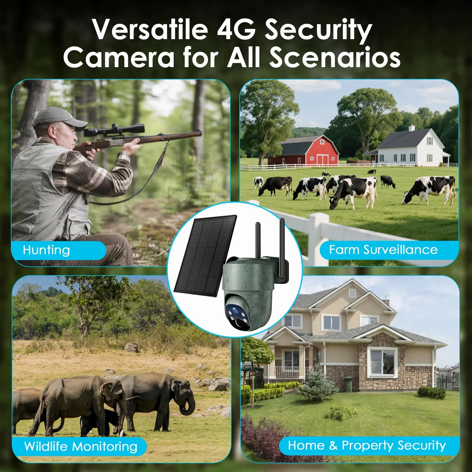 WOLFANG Fotocamera da Caccia 4G con SIM, 2.5K Telecamera Esterna con Pannello Solare e APP, 360° PTZ Fototrappola Infrarossi Invisibili, Visione Notturna a Colori, Rilevamento PIR, Impermeabile IP66