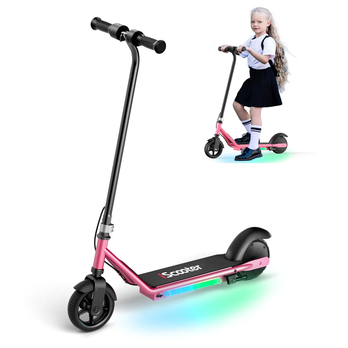 iScooter IK3/IK3MAX Monopattino Elettrico Bambini 6–15 Anni,9-13km Autonomia Ruote da 6", Freno Elettronico a Pollice, Freno a Pedale, Luci LED Colorate, Display LED, Velocità 5/10/16 km/h, Nero/Rosa