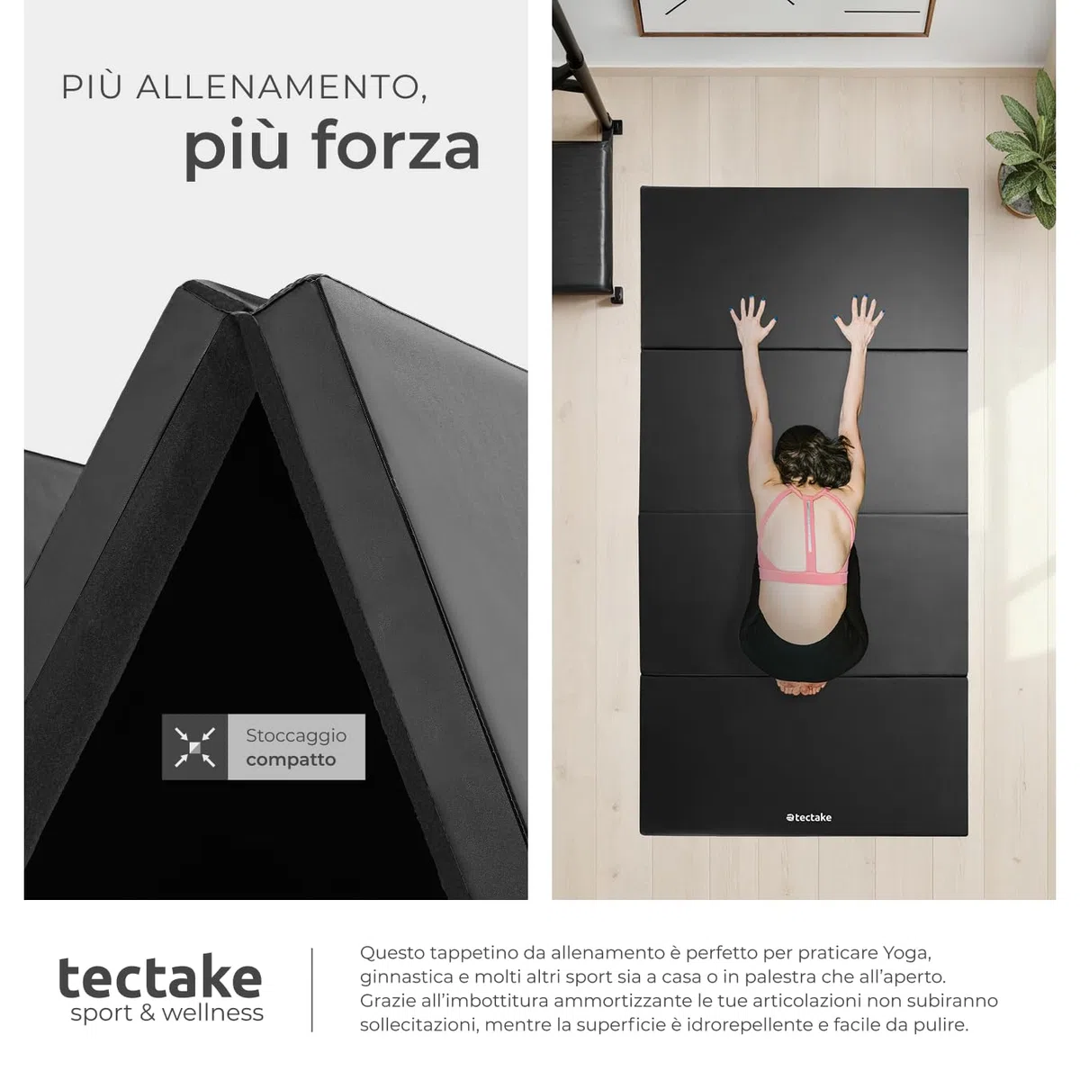 tectake® Tappetino da Ginnastica Pieghevole, Tappeto Fitness Portatile con Superficie Lavabile, Cinghia Trasporto, Tappetino Palestra, Sport, Casa, Yoga, Arti Marziali, 240x120x5 cm - Nero