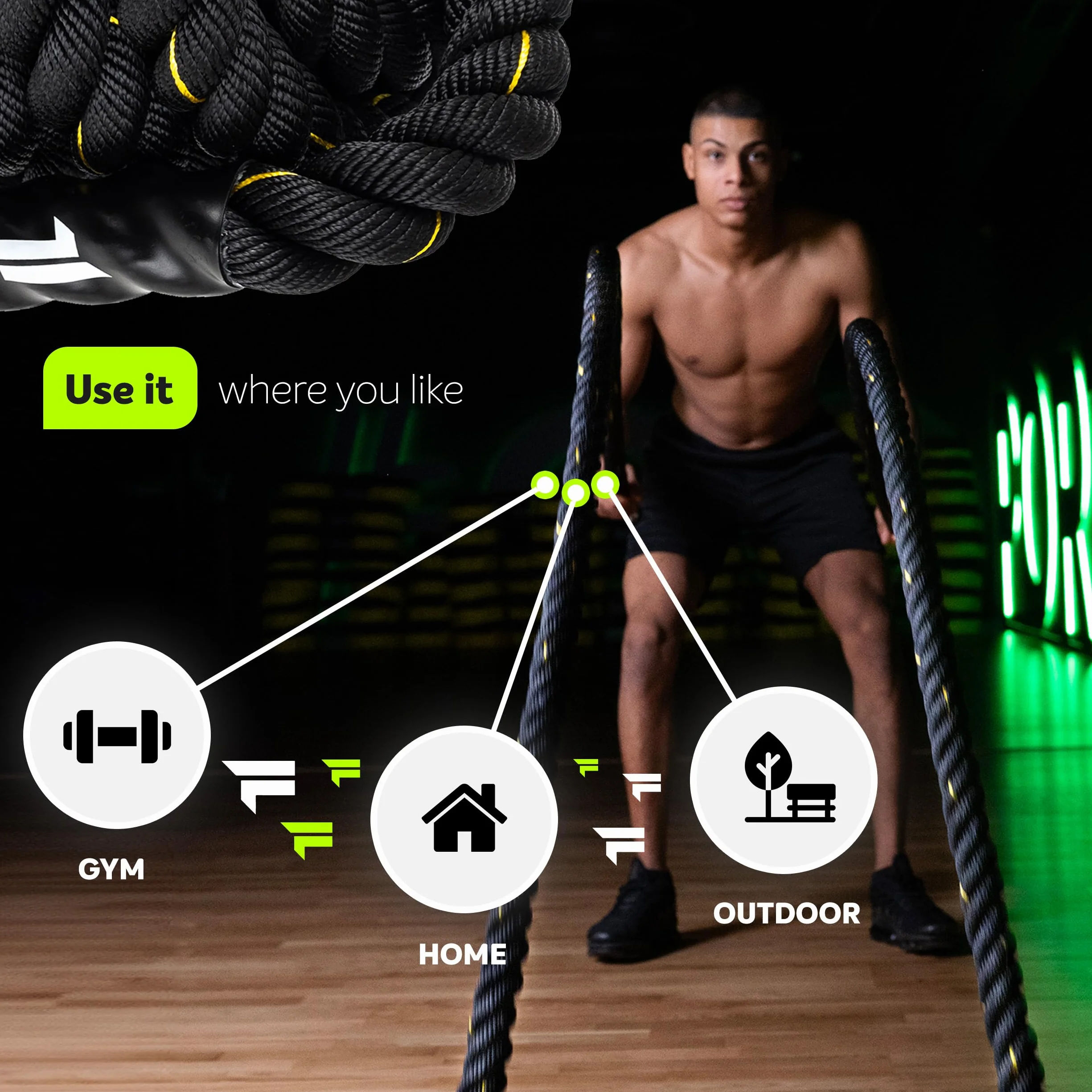 FIZYO Battle Rope – Corda da Allenamento Robusta per Functional Training, Cross Training, Forza e Resistenza – Diametro 3,8 cm, Costruzione a 3 Fili – Home Gym & Outdoor (9m)