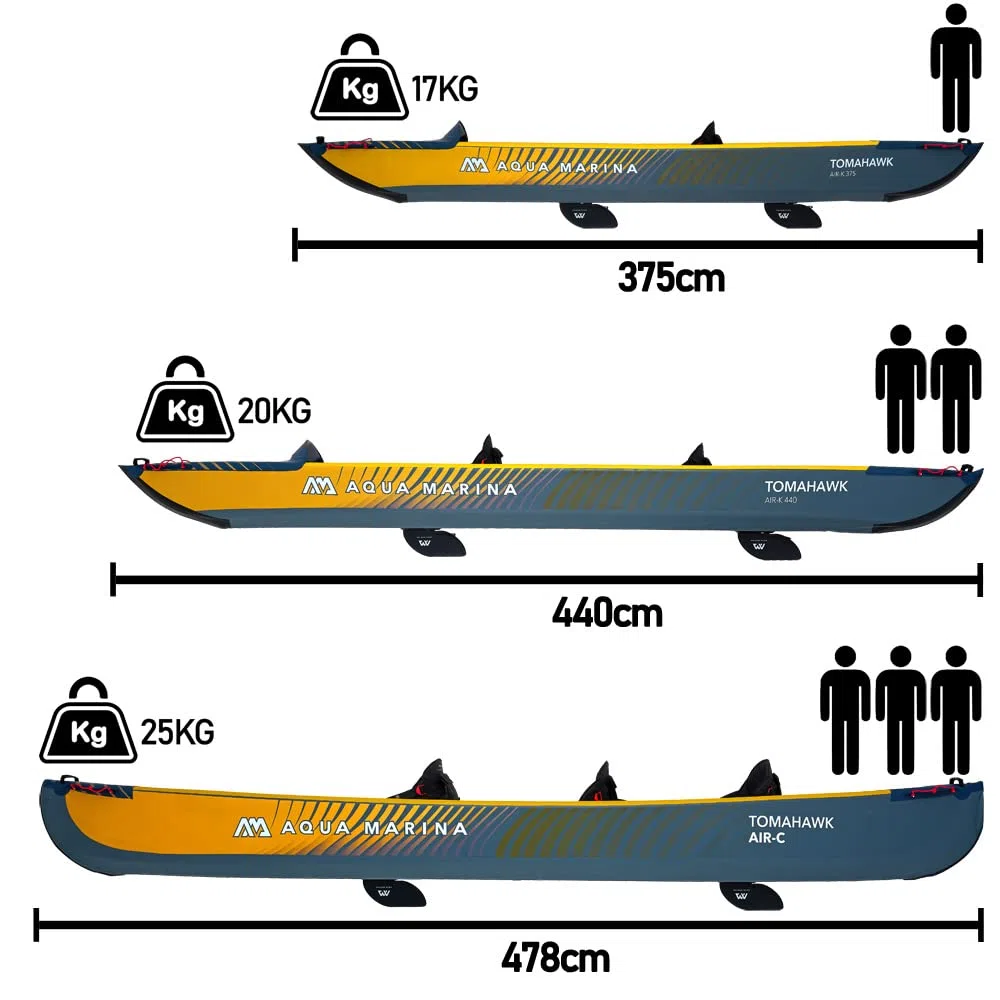 Aqua Marina Tomahawk AIR-C - Kayak/canoa gonfiabile ad alta pressione, per 2-3 persone, lunghezza 478 cm, colore: blu marino/giallo