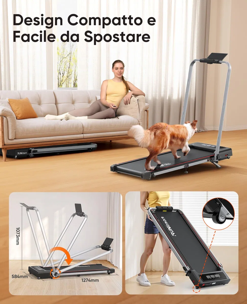 Tapis Roulant Elettrico Piehevole, 6 IN 1 Tapis Roulant Salvaspazio, Inclinazione 9%, 12 km/h, 2.5HP, Tapirulan con 2 Display LED, APP, Due Modalità di Controllo