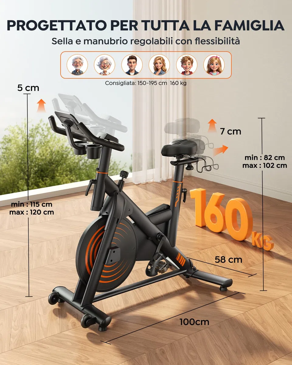 Cyclette da Casa Ultra Silenziosa, Cyclette per Casa con App, Design Ergonomico, Schermo LCD con Frequenza Cardiaca, Resistenza Magnetica, Volano da 15KG, Capacità 160 kg