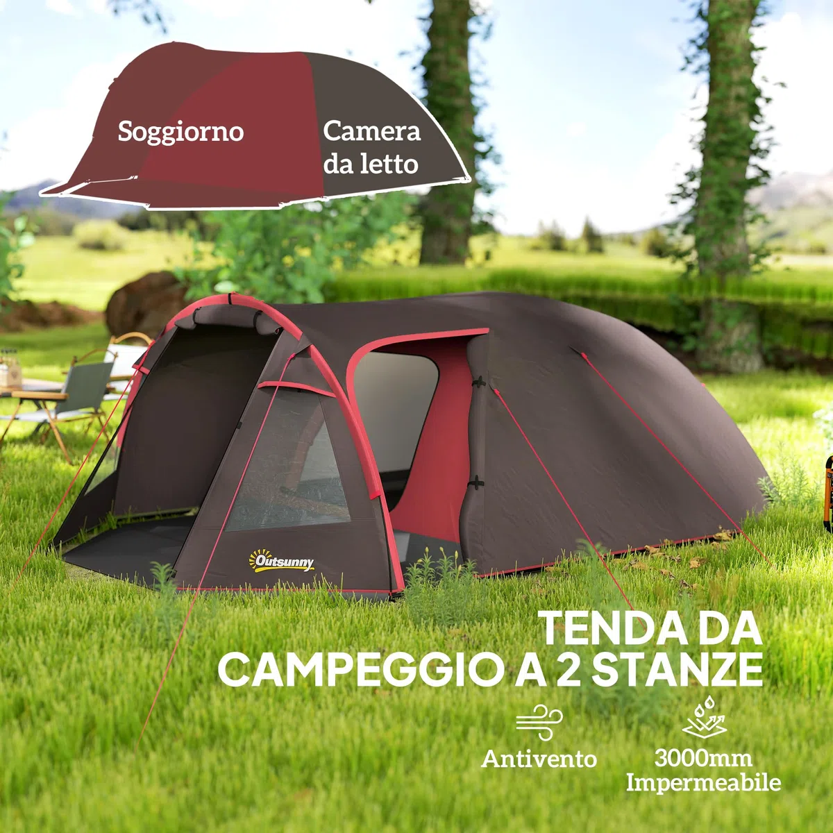 Outsunny Tenda Campeggio a Tunnel per 2-4 Persone con 2 Stanze, Tenda Famigliare da Trekking Pesca Impermeabile 3000mm con Fondo Rinforzato, Doppie Porte, Borsa di Trasporto, 360x250x130 cm, Grigio