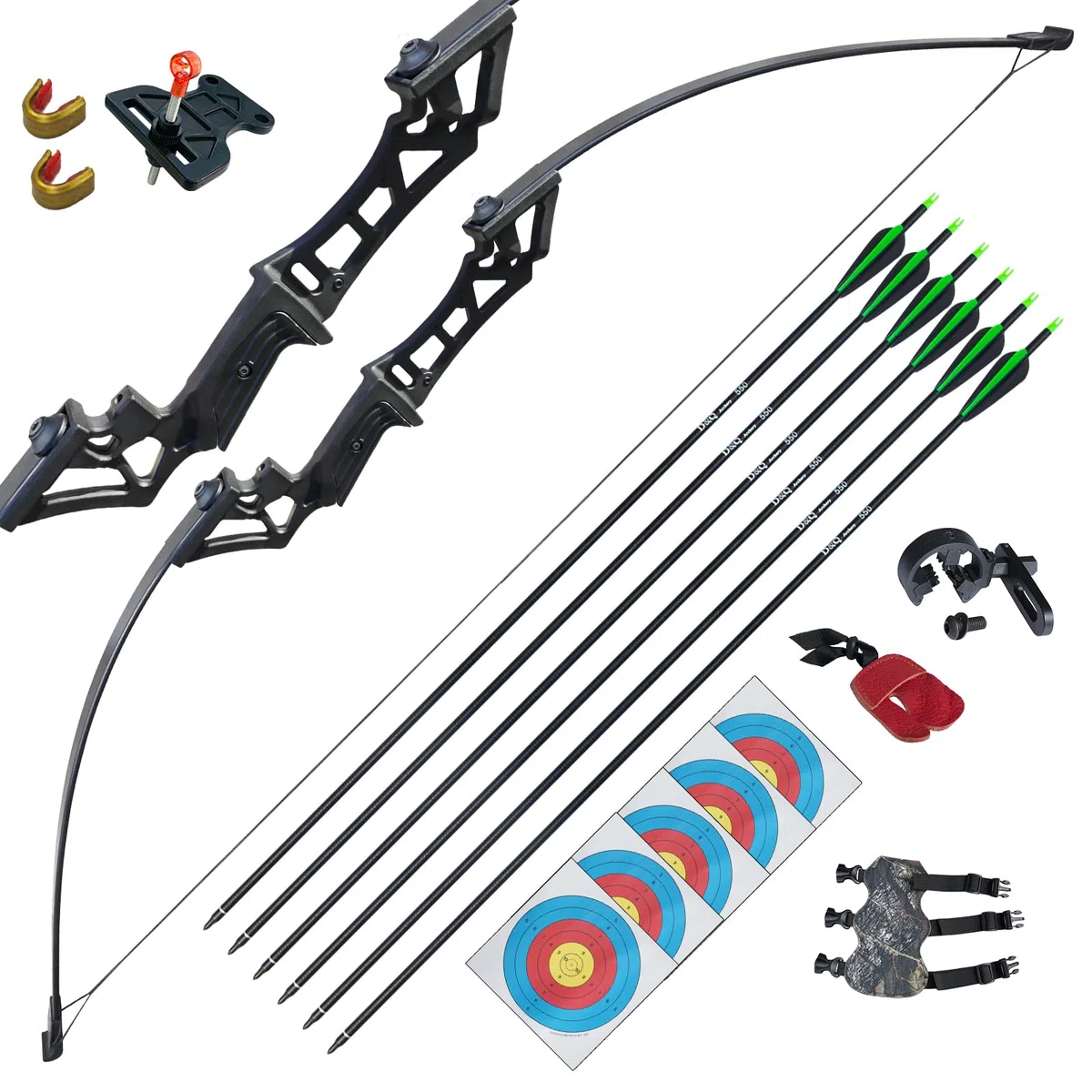 D&Q Tiro con l'arco Takedown Arco ricurvo e frecce Set per adulti Arco da caccia con arco lungo Mano destra per principianti Pratica tiro al bersaglio 30lbs 40lbs