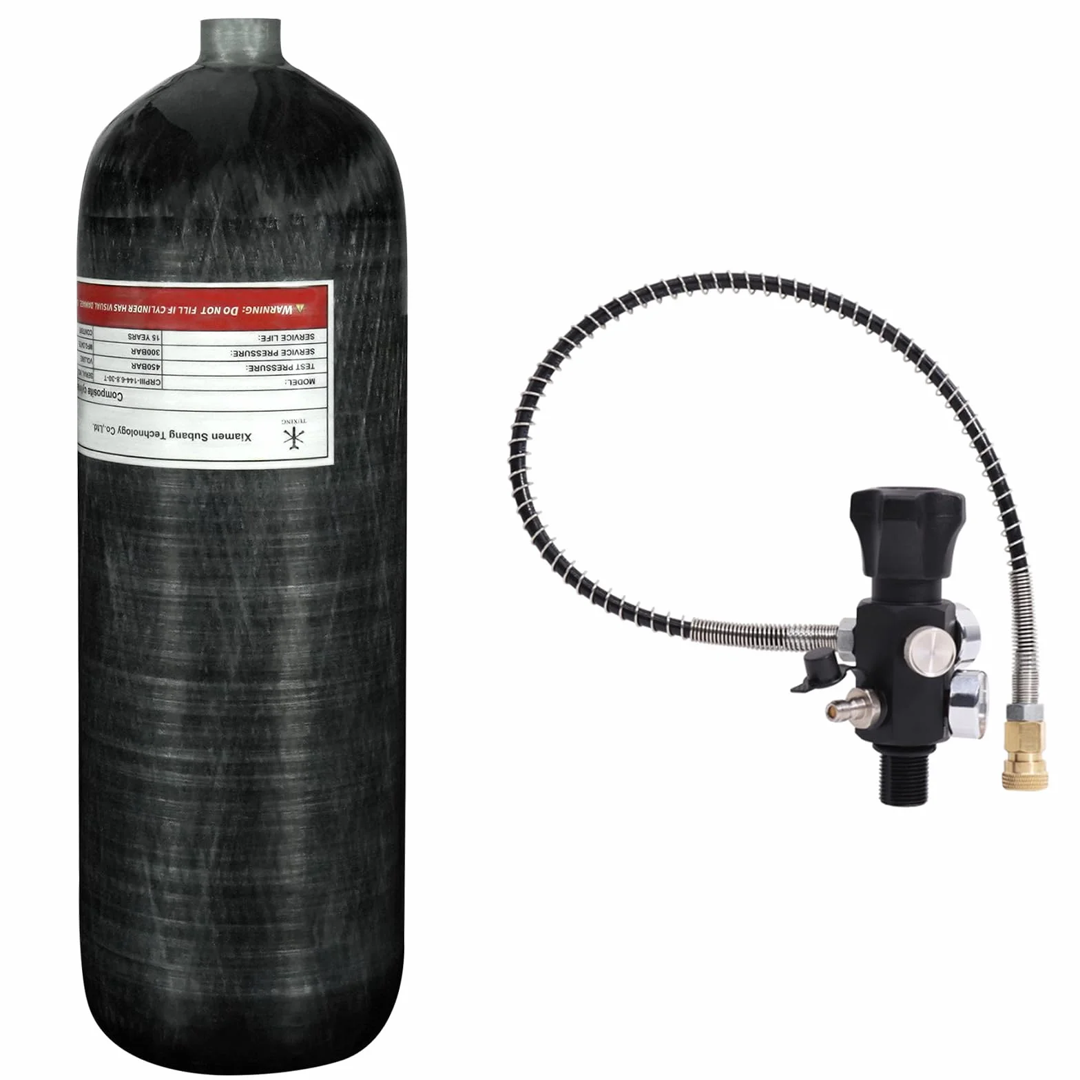 TUXING Serbatoio d'aria in fibra di carbonio da 6,8 l, 300 bar, stazione di riempimento per paintball, con due manometri, fino a con tubo ad alta pressione da 24 pollici, M18 x 1,5, contenente ferro