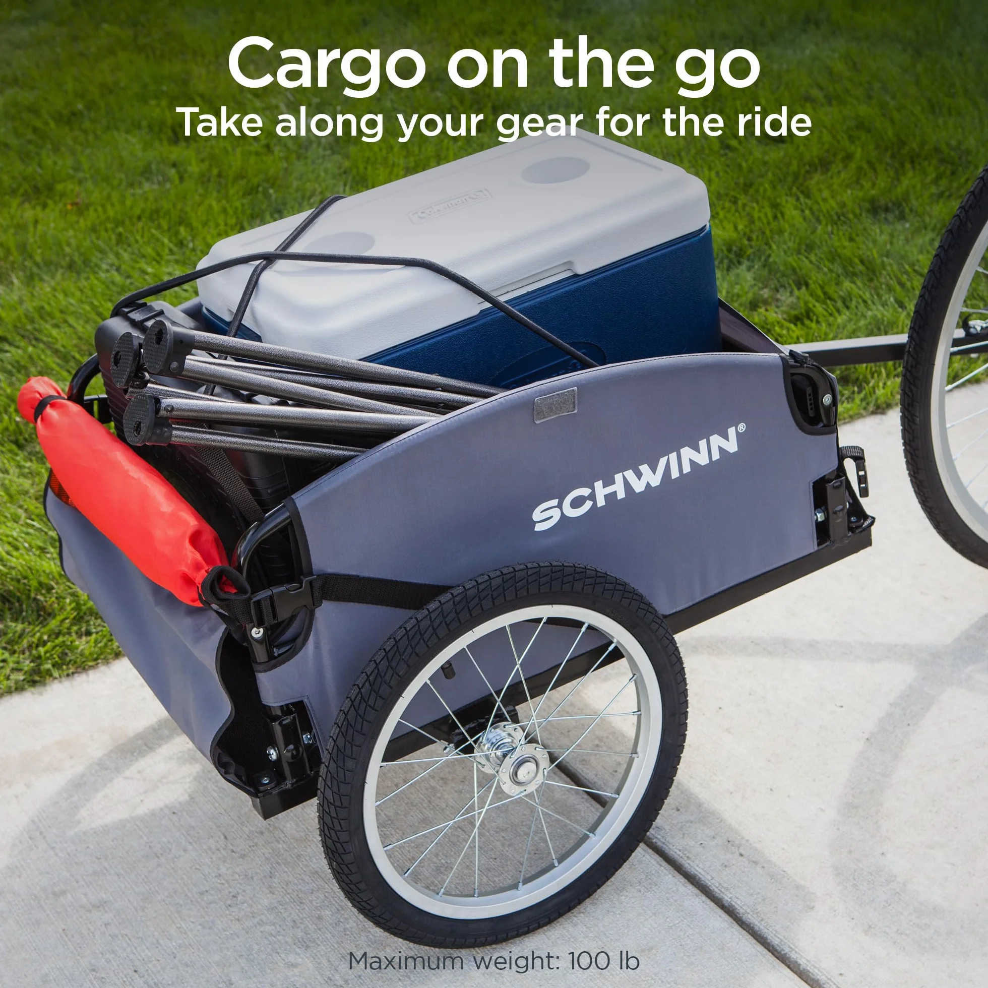 Schwinn Day Tripper Cargo Bike Trailer, telaio pieghevole, ruote a sgancio rapido, rosso, giallo