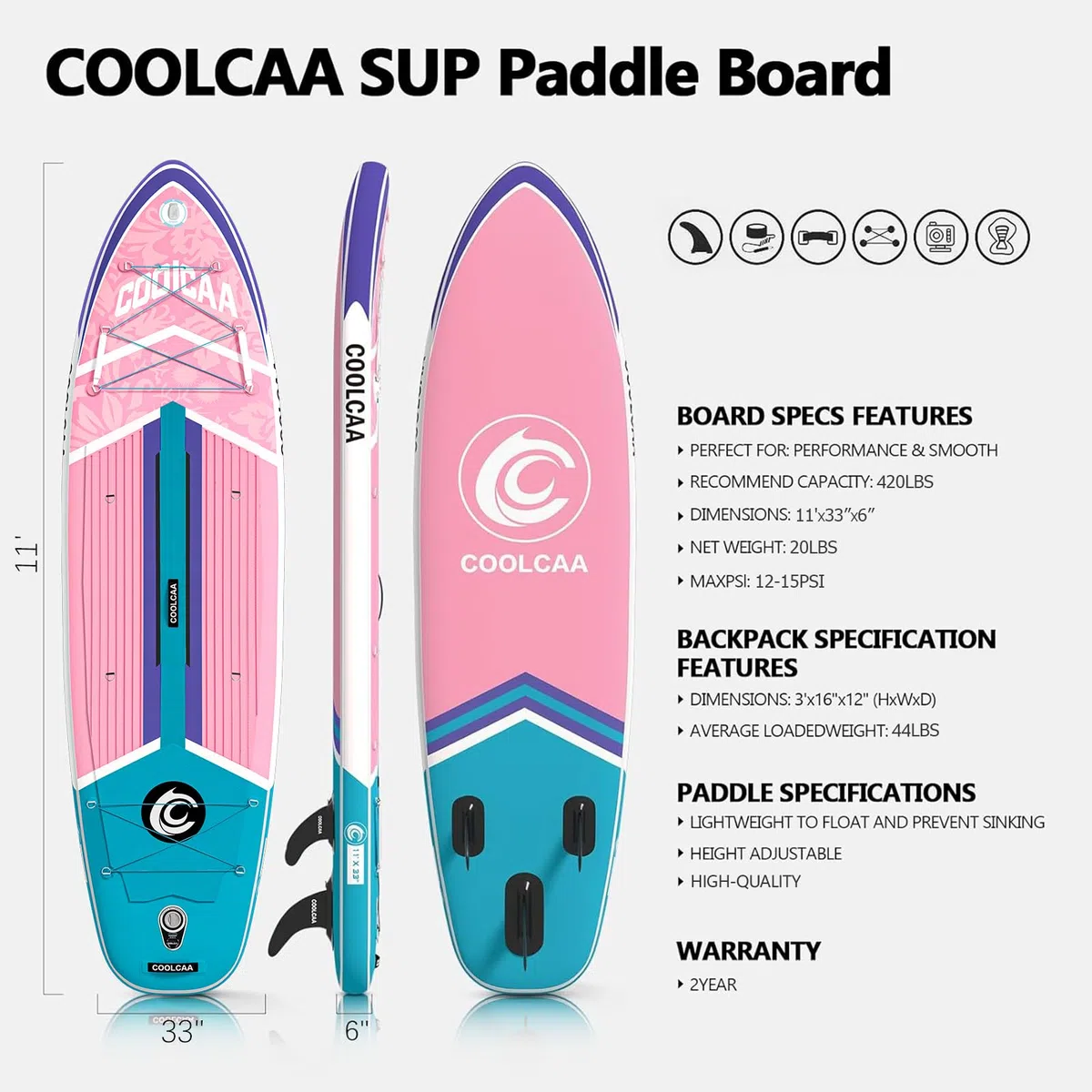COOLCAA 354cmx86cmx15cm Tavola SUP Gonfiabile con Accessori di alta Qualità, capacità di Carico di 210kg, Paddle Board per Adulti e Ragazzi di Tutti i Livelli