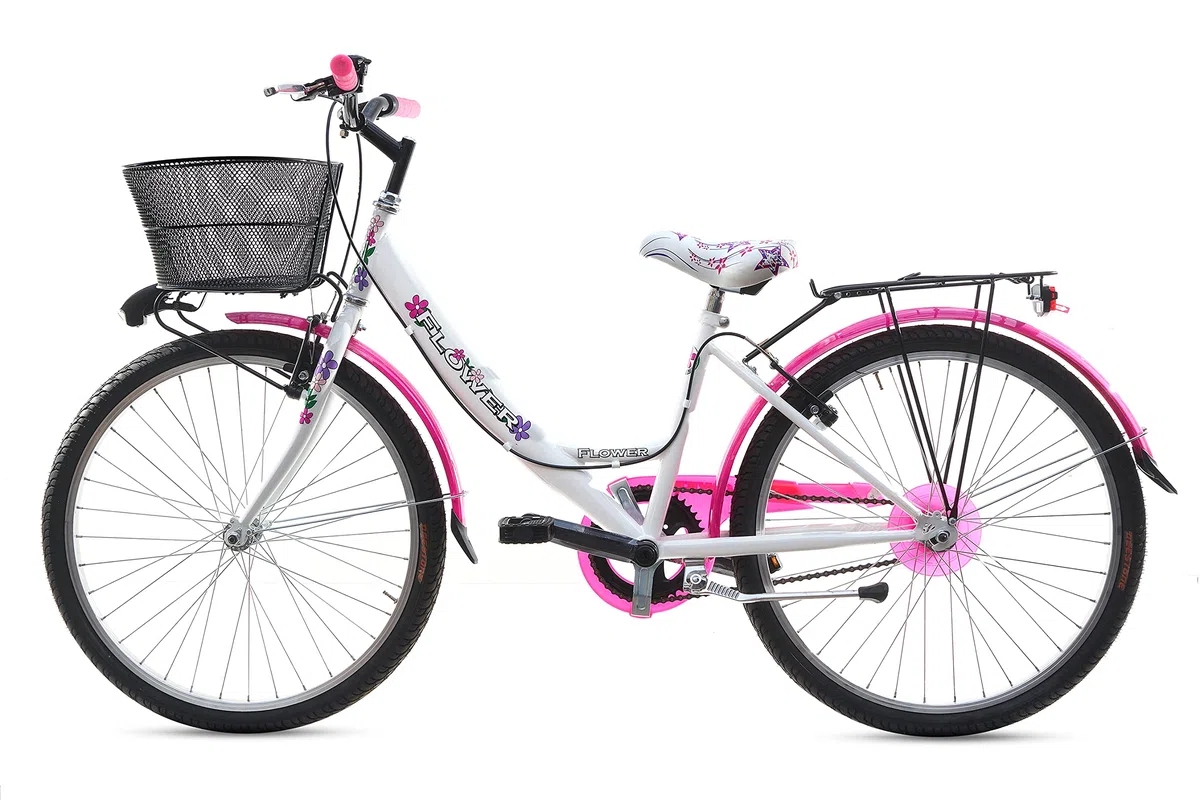 MADICKS Bicicletta Bambina Ragazza da Passeggio Misura 24 Bici con Cestino Floreale Bianco Rosa Fluo