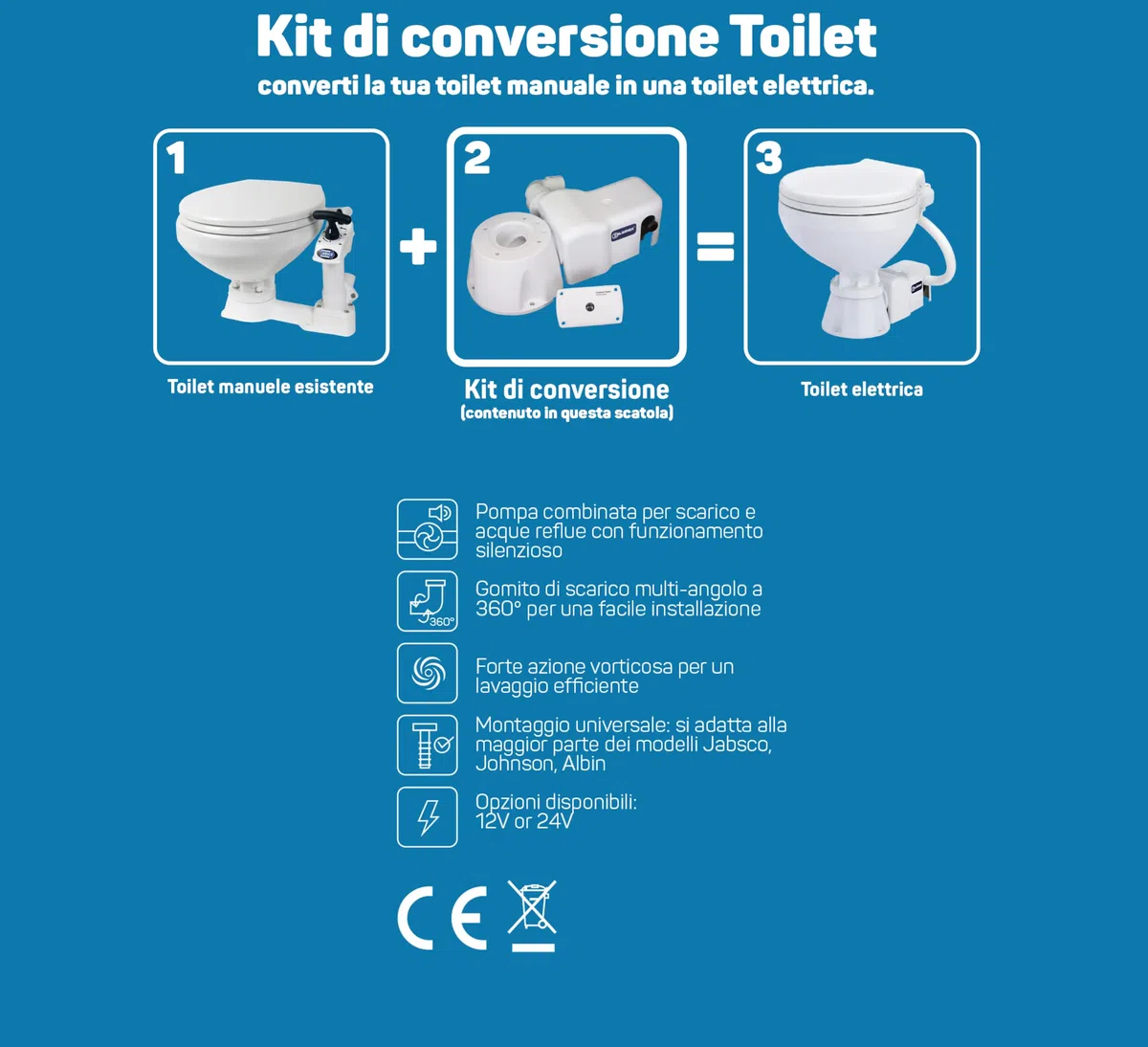 Navpower Kit Trasformazione Conversione per Toilette WC Universale 12v - Kit conversione WC Toilette da Manuale a Elettrico Orrizontale - Barca Camper Roulotte - Compatibile con Jabsco TMC Ocean