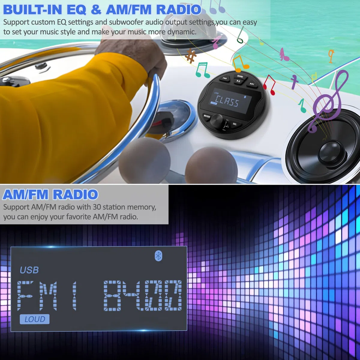 MP3 Ricevitore Stereo marino con funzione Radio digitale AM/FM, USB BT & IPX6 impermeabile per natante e uso professionale