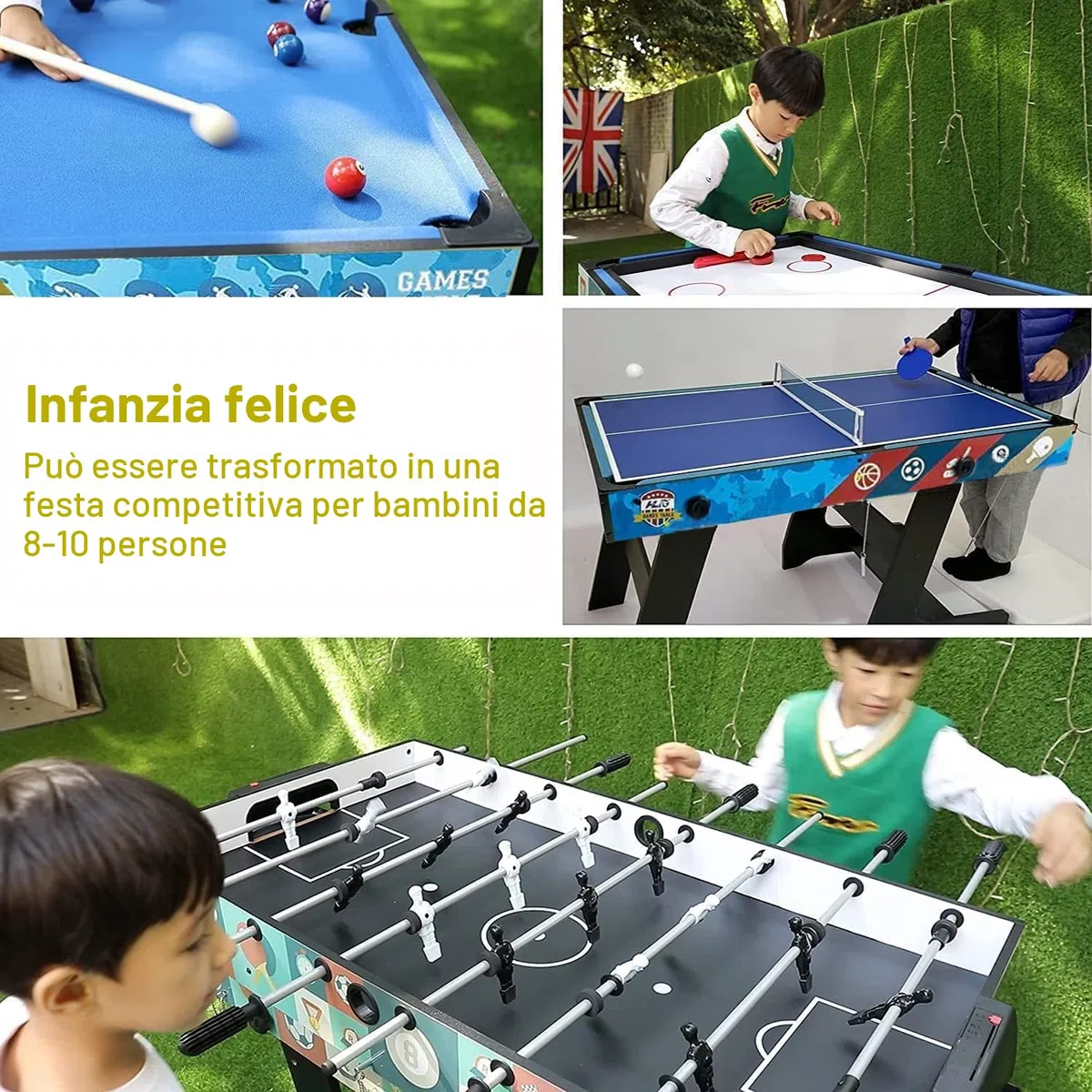 Set da tavolo multi-gioco 5 in 1 per bambini, ping-pong, biliardo, biliardino, hockey su scivolo, tiro al basket interattivo genitore-figlio regalo perfetto per i bambini (lunghezza 1,2 m)