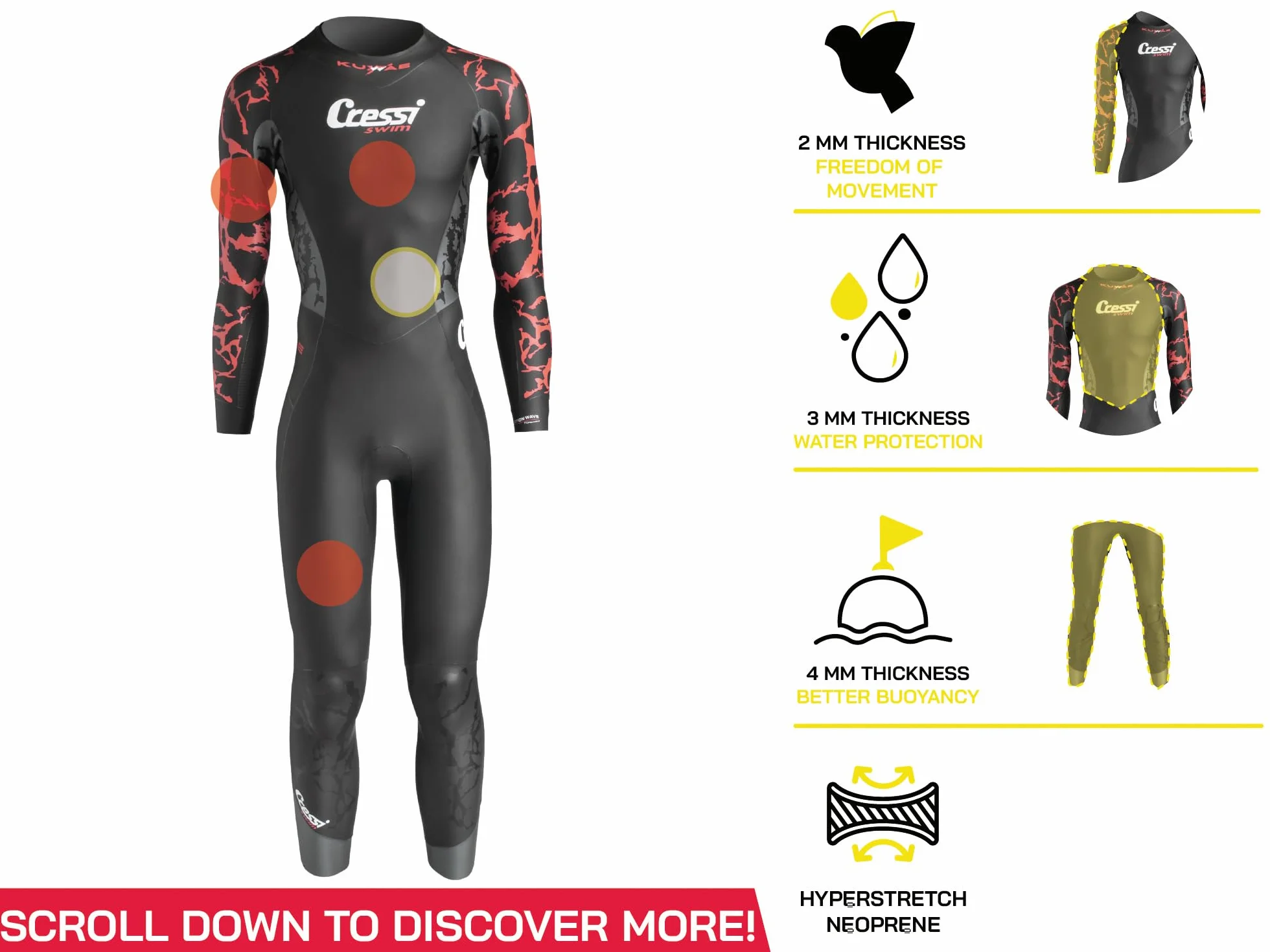 Cressi Kuwae Man Monopiece Swimsuit 2mm/Multi THk, Muta Monopezzo da Nuoto, Neoprene Liscio Esternamente, Uomo