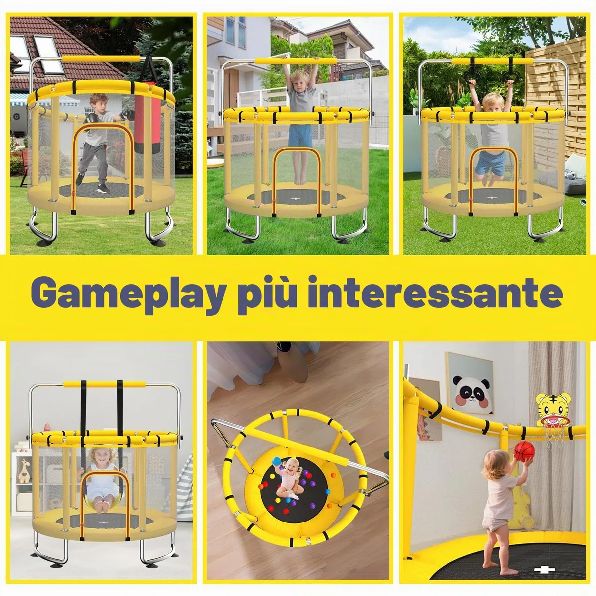 Trampolino per bambini da 140 cm per interni/esterni, capacità di carico 50 kg, con rete di sicurezza, barra da ginnastica regolabile e canestro da basket, regalo per bambini e bambine