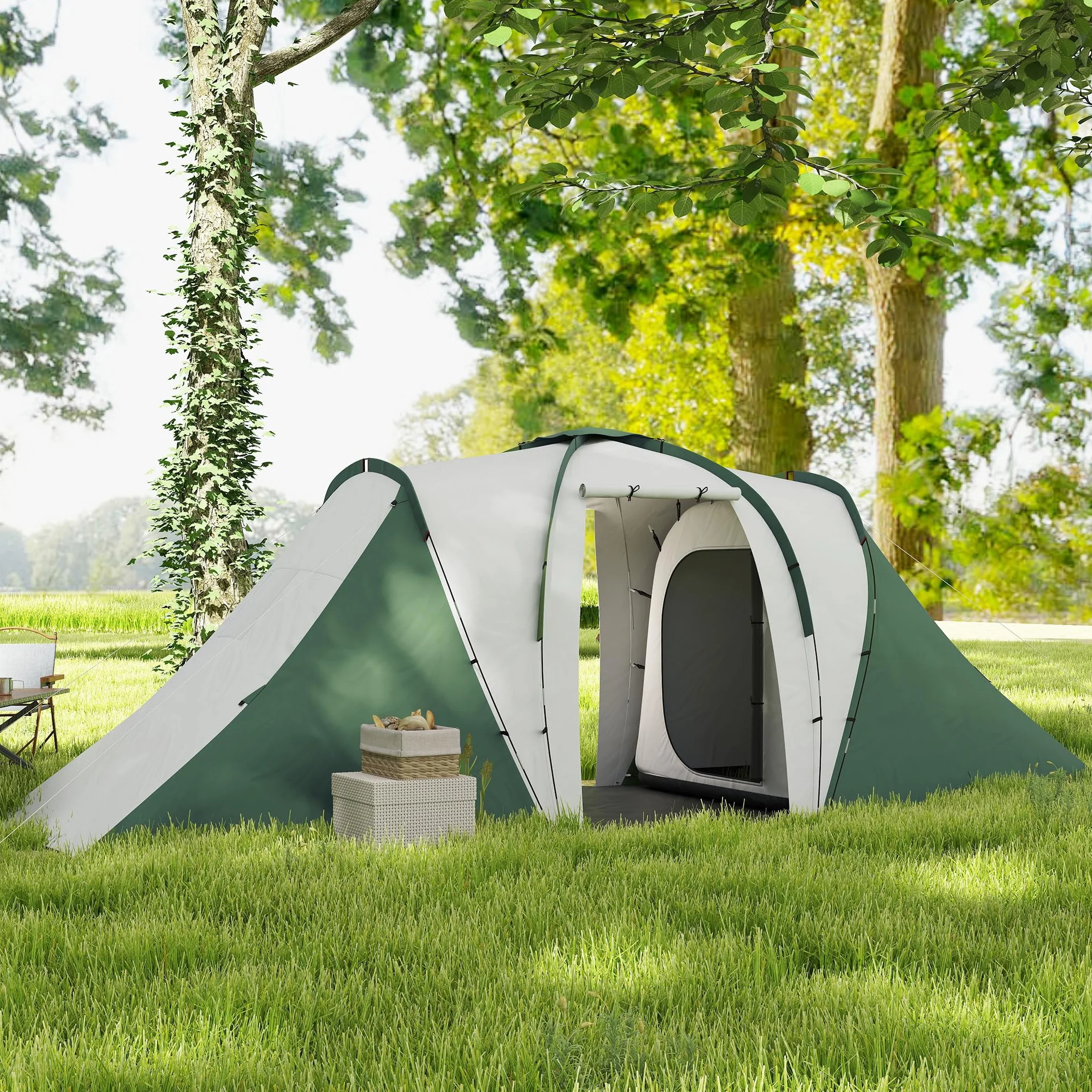 Outsunny Tenda da Campeggio 4-6 Persone con 2 Camere e Zona Soggiorno, Tenda da Esterno a 2 Porte, Resistente all'acqua e ai Raggi UV, con Borsa da Trasporto, 555x225x190 cm, Grigio e Verde