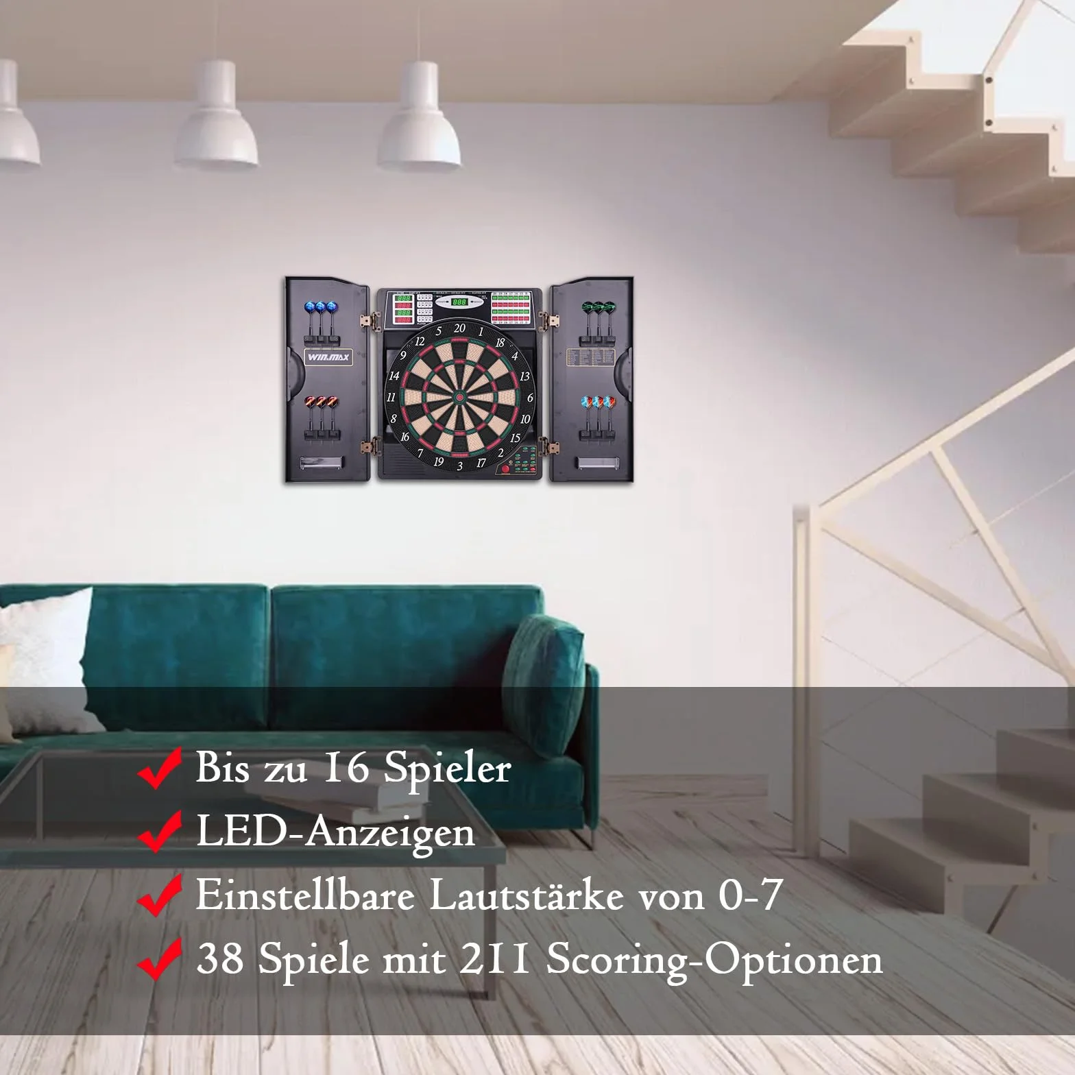 Win.max - Bersaglio elettronico per freccette con LED, display digitale, set di 12 freccette a punta morbida, con armadio