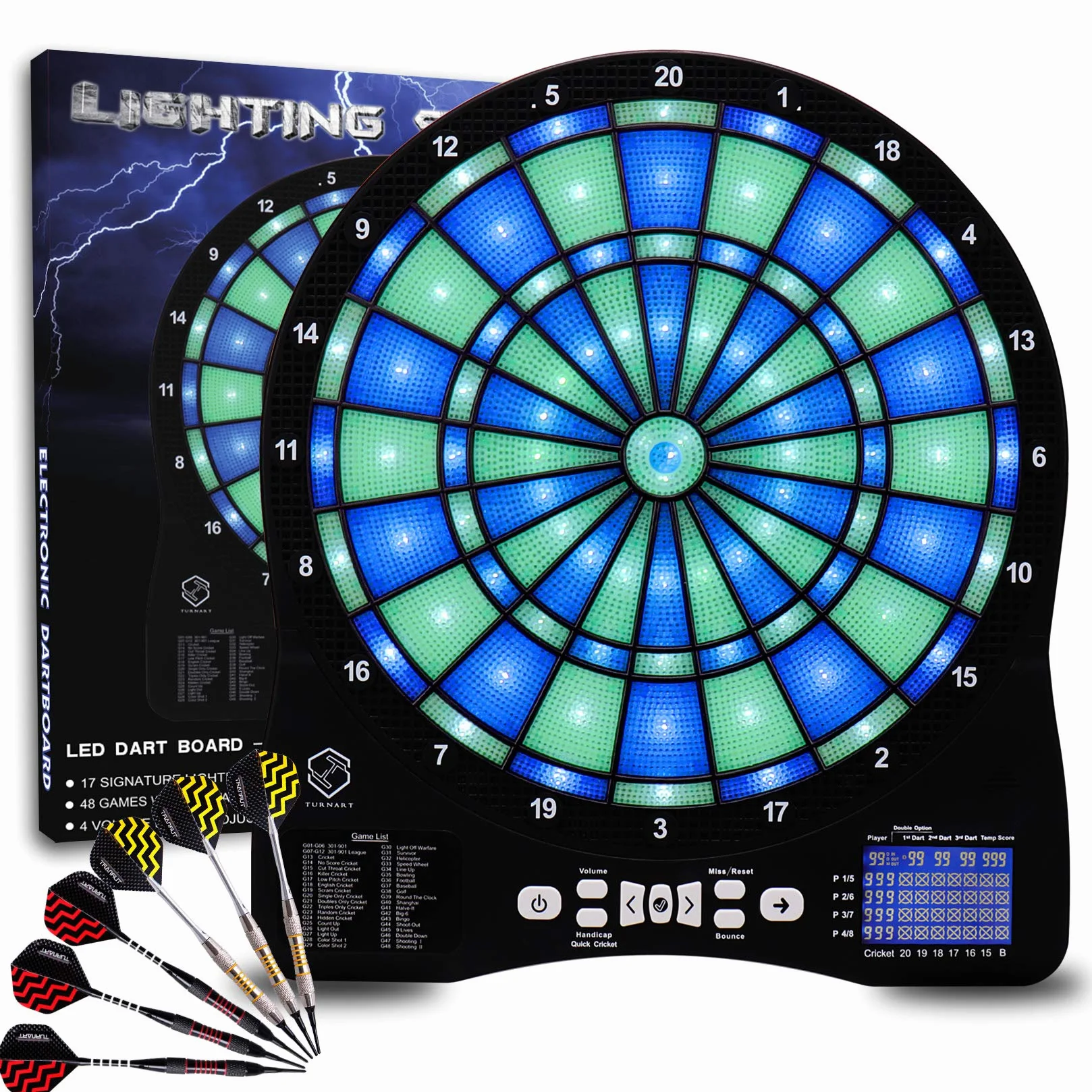 Turnart Bersaglio elettronico per freccette 2023, bersaglio elettronico e bersaglio con numeri illuminati a LED, bersaglio elettronico professionale, 6 freccette Soft