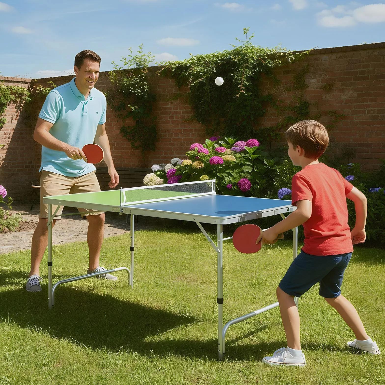 COSTWAY Tavolo da Ping Pong Portatile 120 x 76 cm, Set di Tennis da Tavolo Pieghevole con Rete, 2 Racchette, 2 Palline, Altezza Regolabile a 3 Livelli, Struttura in Alluminio, da Interno ed Esterno