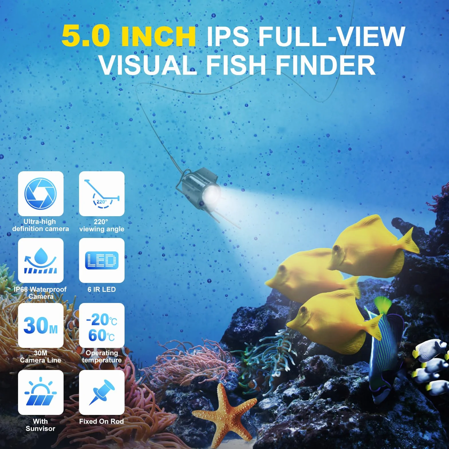 Fischfinder Fish Finder - Fotocamera con display IPS da 5 pollici, fotocamera subacquea, visione notturna grandangolare, IP65, impermeabile, per ghiaccio, fiume e barca
