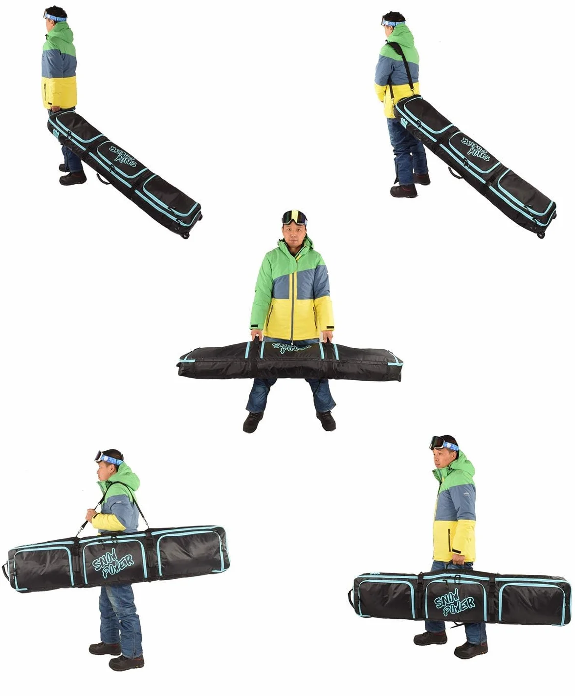 Borsa da snowboard,con rotelle,Imbottita e con manici per il trasporto,Impermeabile,Borse da tavola da snowboard con 3 sacchetti di immagazzinaggio