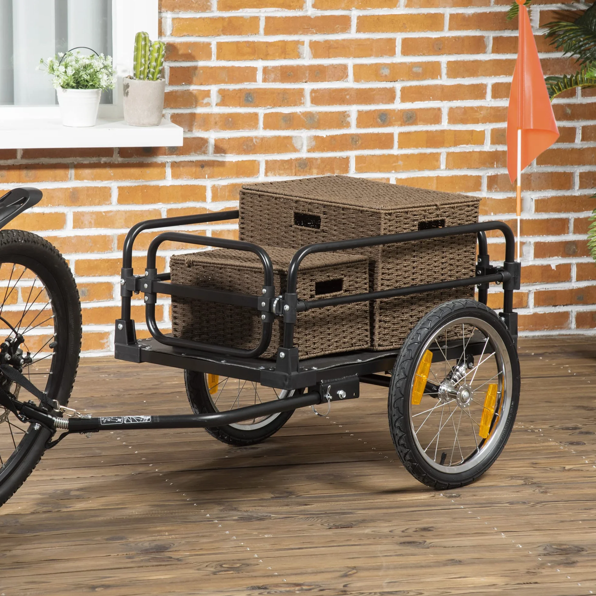 HOMCOM Rimorchio carico bicicletta, carrello rimovibile 2 ruote riflettenti, bandiera telaio ammortizzatore, 70 l, 40 kg, 125 x 64 x 53,5 cm, nero
