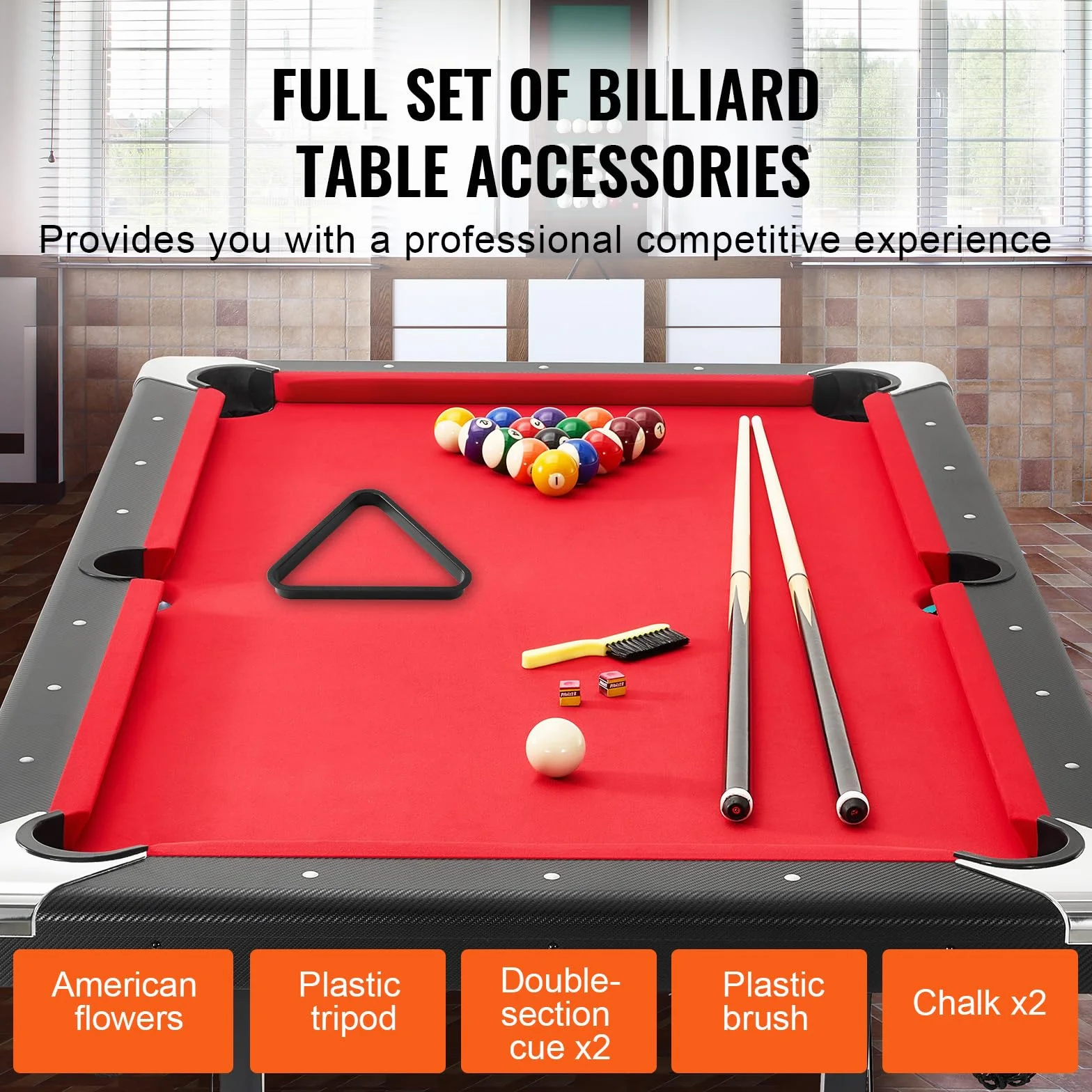VEVOR Tavolo da Biliardo 1,9 m, Tavolo Portatile e Pieghevole, Set da Biliardo con Palline, Stecche, Gesso, Nero con Panno Rosso, Perfetto per la Sala Giochi della Famiglia, Bambini e Adulti