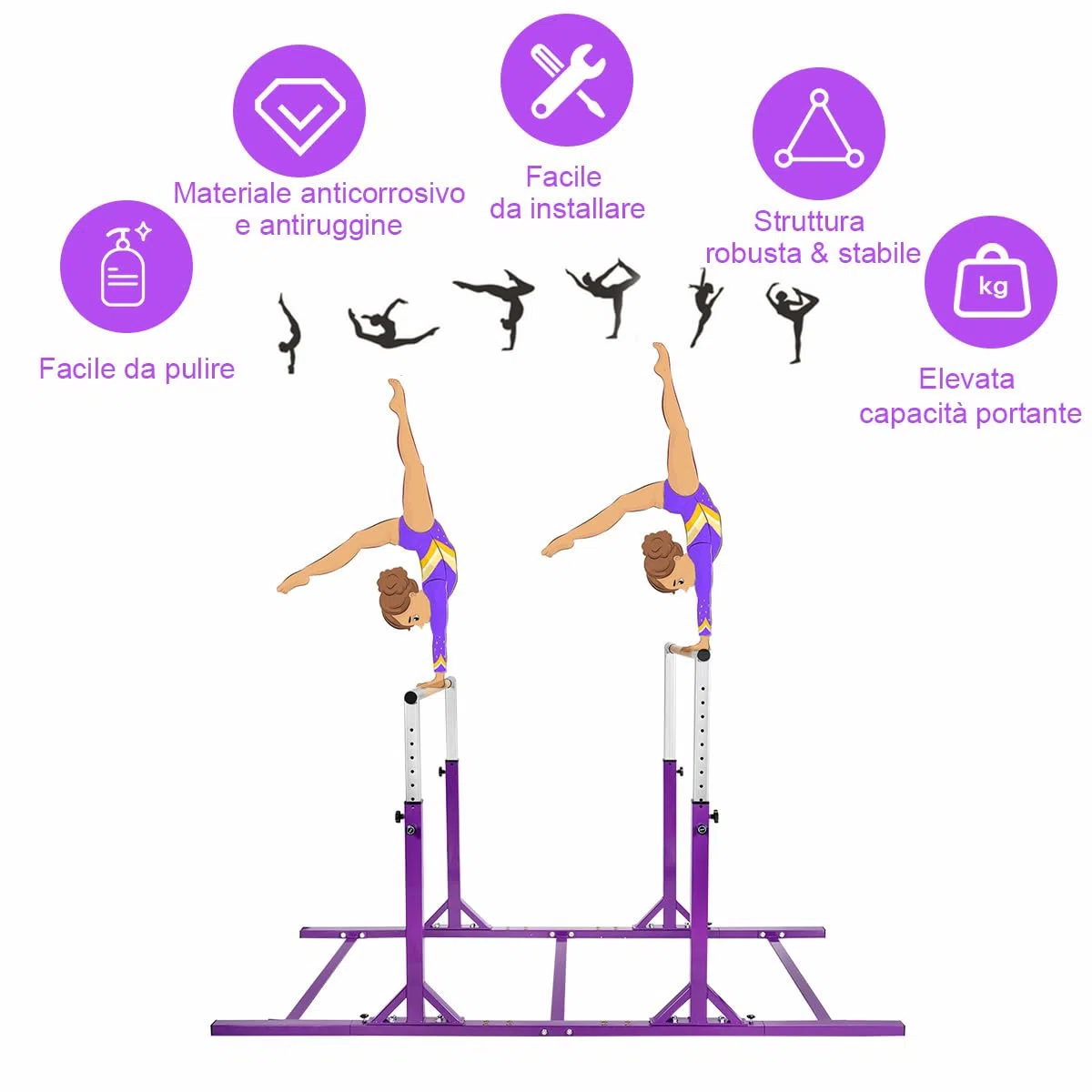 GYMAX Barre Doppie per Ginnastica, Allenamento Ginnico in Acciaio, Larghezza e Altezza Regolabile, Carico 120 kg+, Barra Ginnica per Bambini da 6 a 12 Anni, Ideale per Palestra, Casa