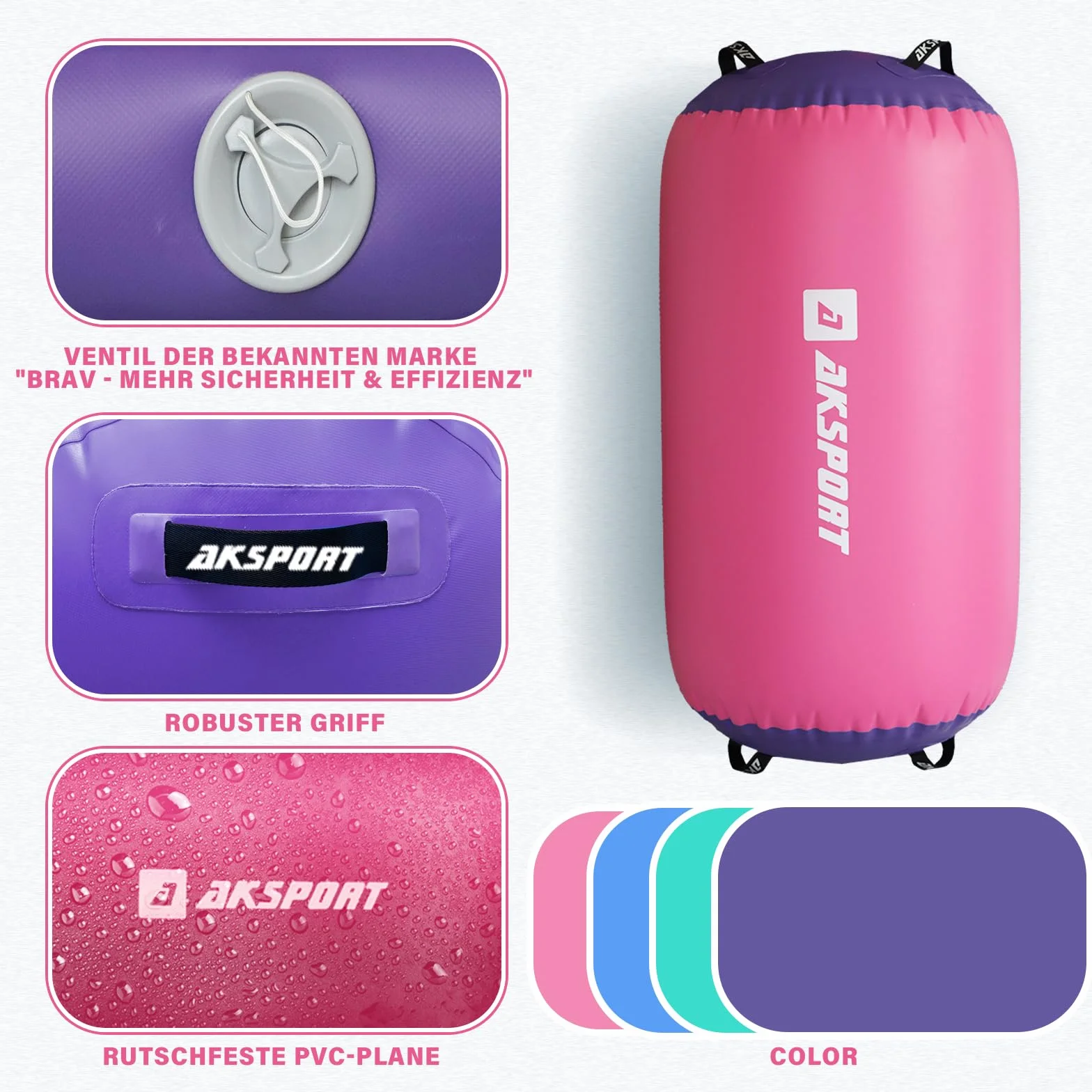 AKSPORT Air Roll Ginnastica Artistica Rullo d'aria da ginnastica con pompa ad aria per uso domestico/yoga/cheerleading/tumbling/back walkover