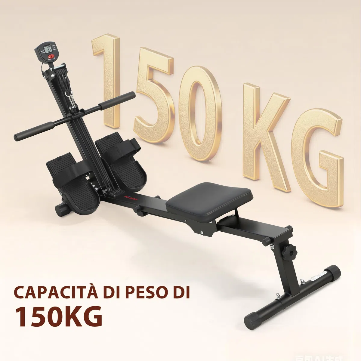 SPORTNOW Vogatore per Casa, Vogatore Compatto Silenzioso con Resistenza a Elastico, Monitor LCD, Sedile Imbottito, per Allenamento Tutto il Corpo, Capacità 150 kg, Salvaspazio, Nero