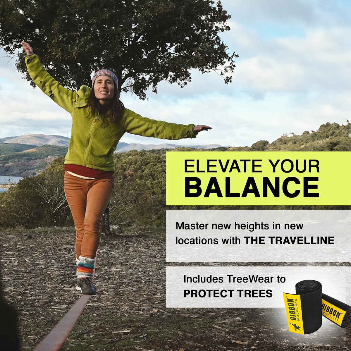 Gibbon Slacklines, Travel Line, con Treewear, marrone, 15 metri (12,5 m di fettuccia + 2,5 m con cricchetto cucito) larghezza 2"/5 cm