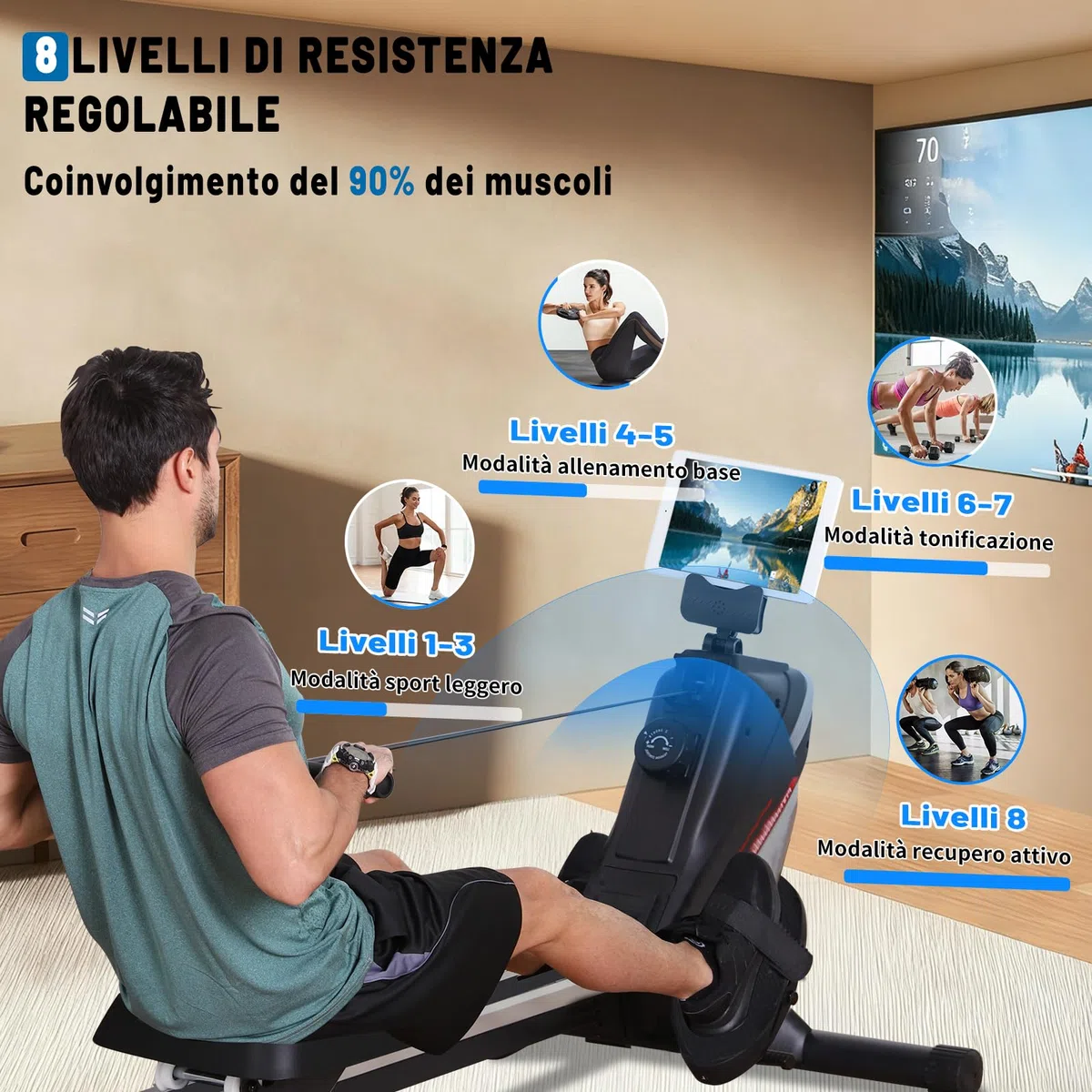 ISE Vogatore per Casa, Vogatore Magnetico Professionale con 8 Livelli di Resistenza Schermo LCD Guide Scorrevoli