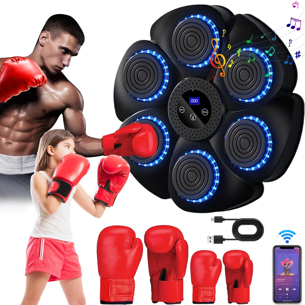Macchina da boxe musicale Smart Boxing Machine Disco da boxe montato a parete con guanti da boxe per adulti e bambini, supporto Bluetooth, 9 funzioni, 18 velocità regolabili e modalità di conteggio