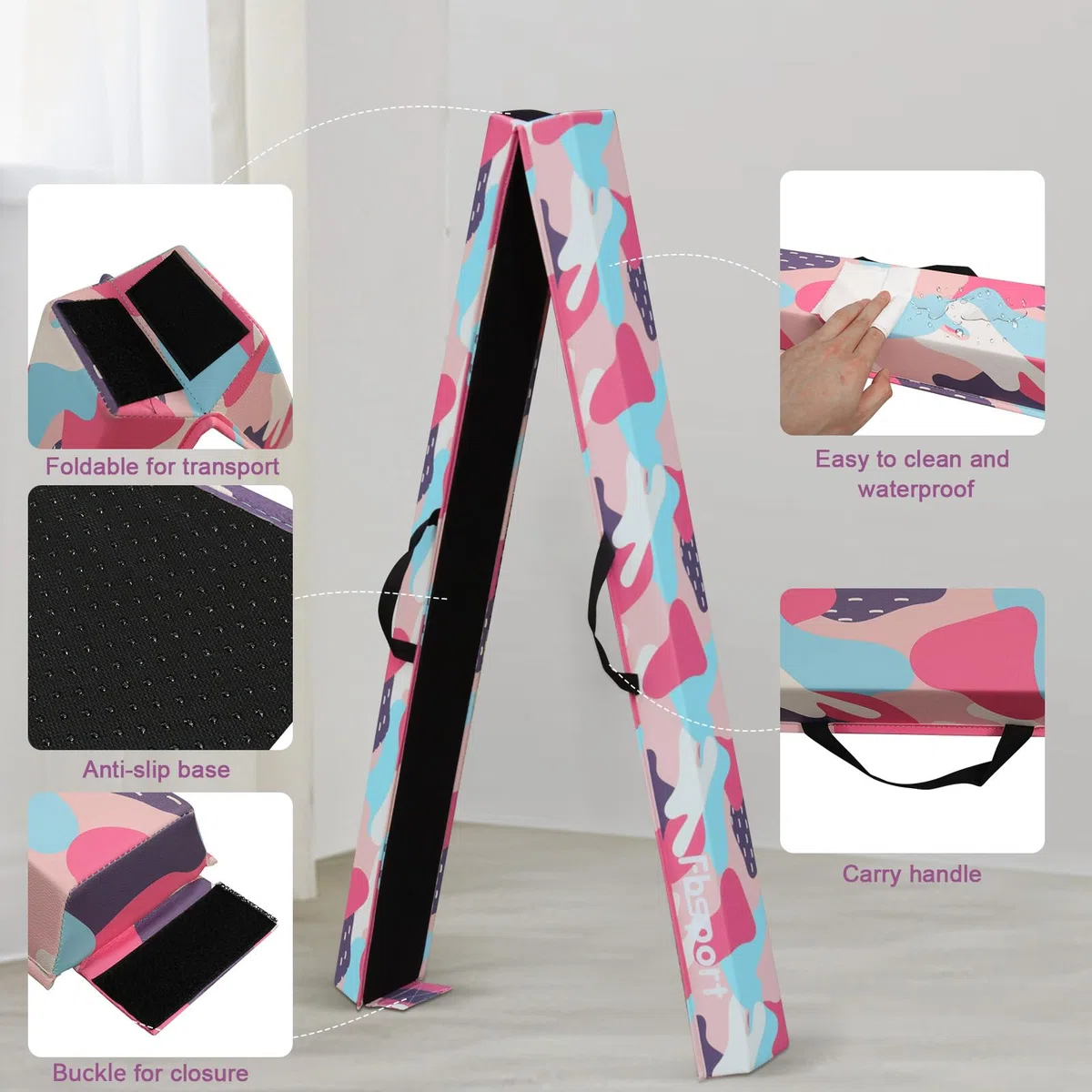 FBSPORT Trave Ginnastica Artistica per Casa 240/270/300 cm in Pelle PU, Trave di Equilibrio Pieghevole con Fondo Antiscivolo per Bambini, Principianti e Ginnasti Professionisti