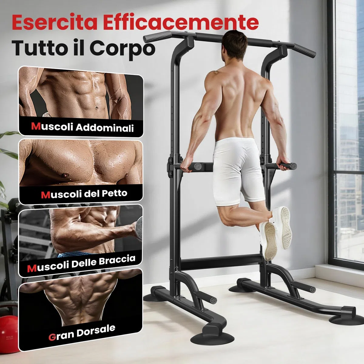 Dskeuzeew Power Tower Dip Station - Palestra multifunzione da casa con barra per trazioni e sedia romana, regolabile in altezza