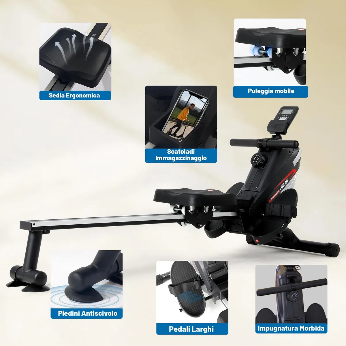 ISE Vogatore per Casa, Vogatore Magnetico Professionale con 8 Livelli di Resistenza Schermo LCD Guide Scorrevoli