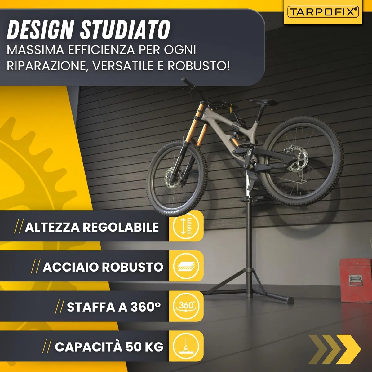 Tarpofix® Cavalletto Manutenzione Bici fino a 50kg | Stabile e Regolabile per Bike ed E-Bike | Supporto Manutenzione Bici Professionale per Riparazioni Bicicletta
