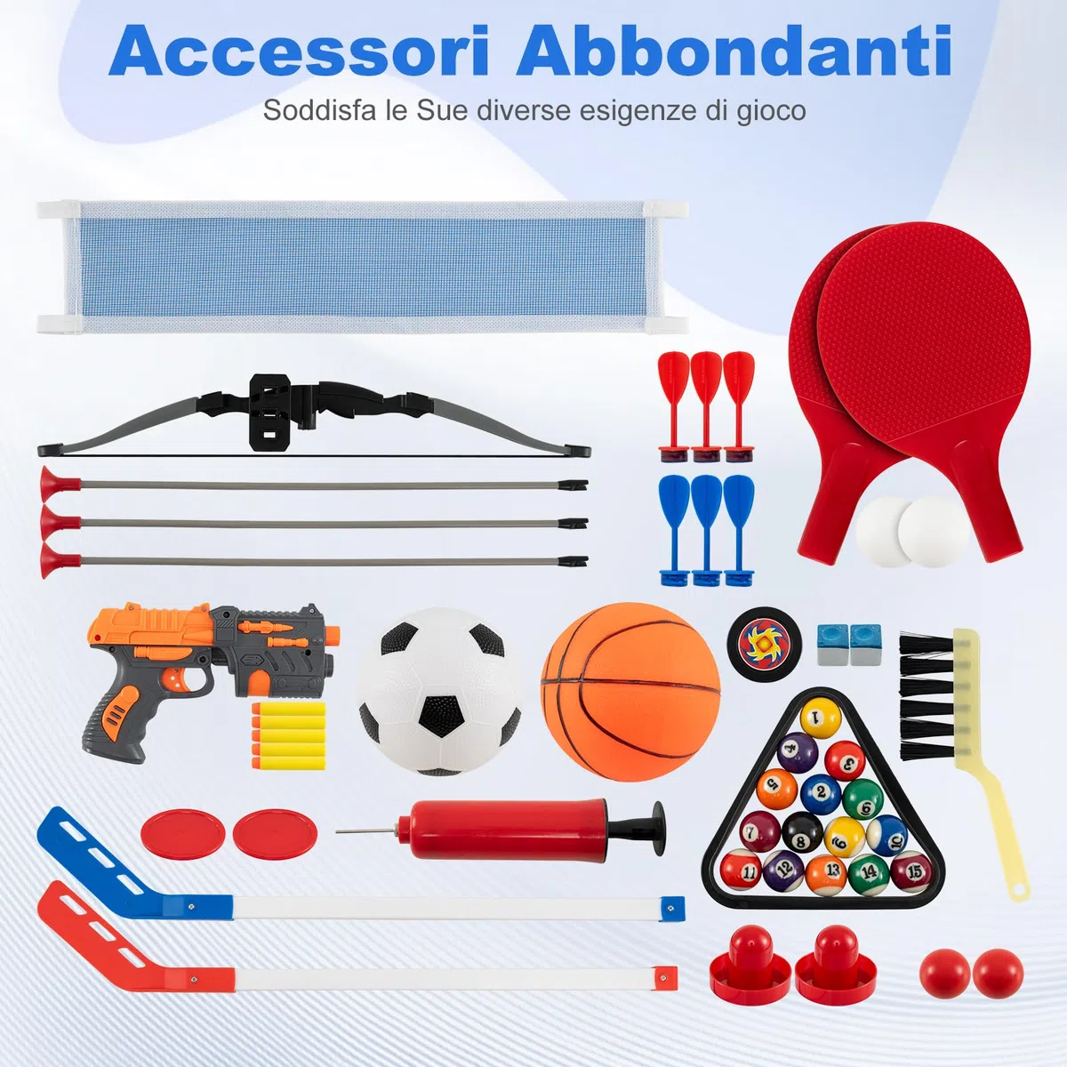COSTWAY 10 in 1 Tavolo Multigioco, Set Tavolo da Gioco Multifunzione con Biliardo, Hockey, Ping Pong, Basket, Calcio, Tiro, Flipper, Freccette, Tiro con l'Arco e Borsa, Impilabile, 106 x 51 x 148 cm