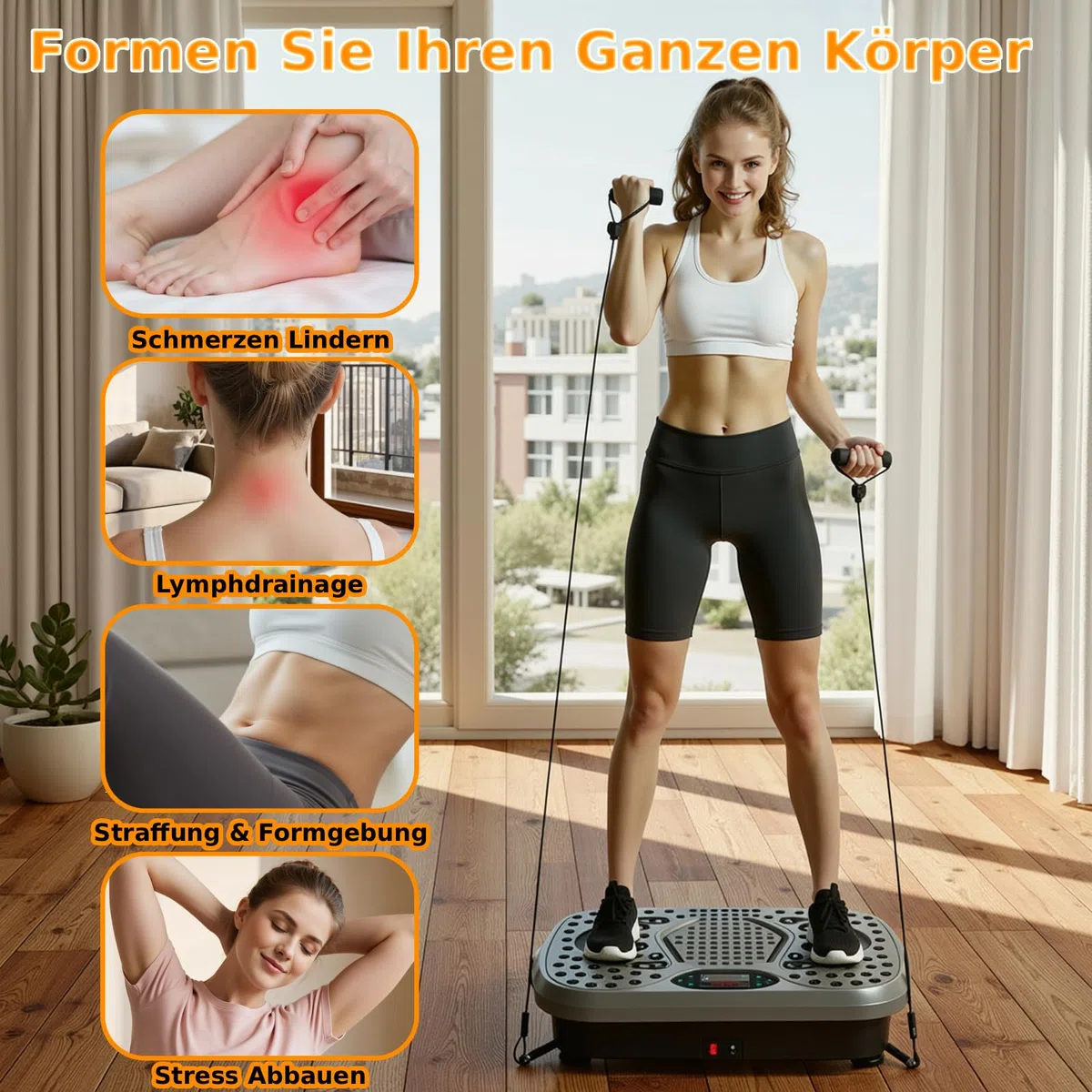TLGREEN Piastra Vibrante, Design Compatto, 99 Livelli, 5 Programmi di Allenamento, con Bande di Resistenza, Touch Screen e Telecomando, Fitness Pedana Vibrazioni, Tavola Vibrante per Casa